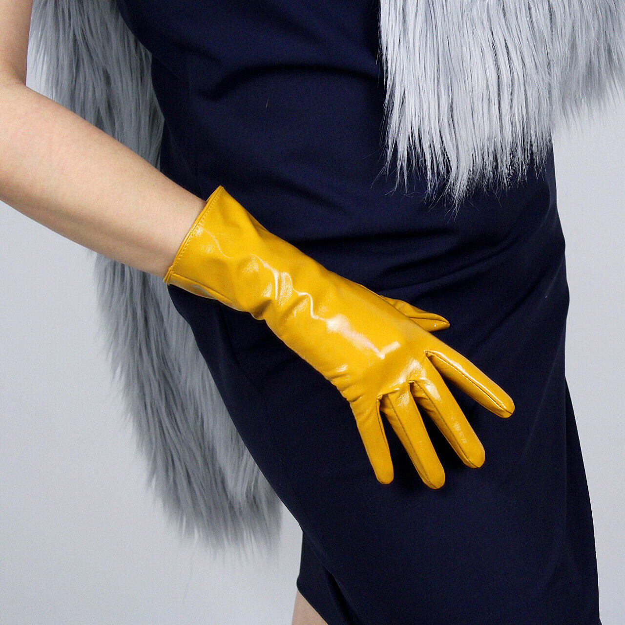 LATEX SHORT GLOVES Shine Leather Faux Patent PU 11" 28cm Wrist Ginger Yellow