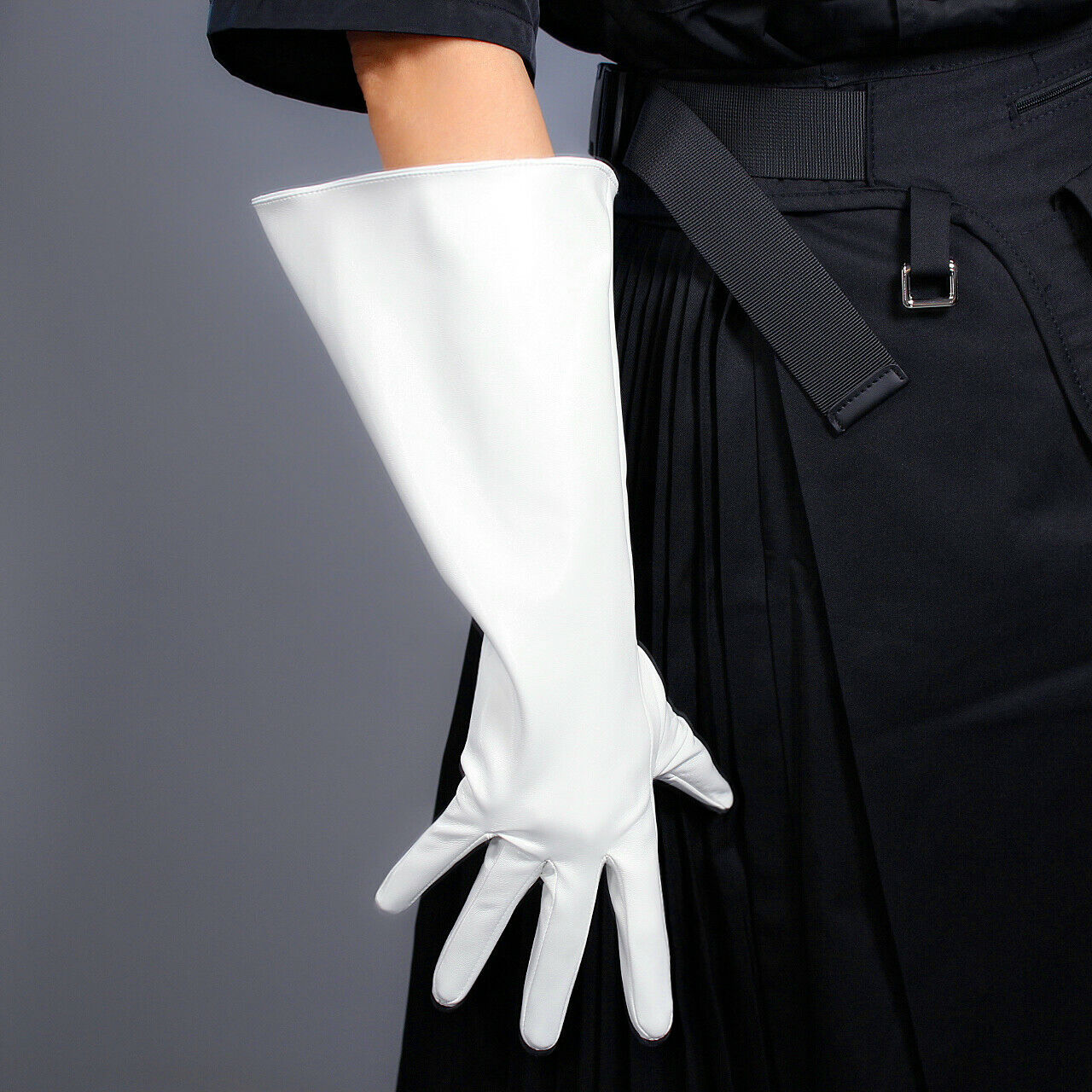 PATENT LONG GLOVES Unisex Faux Leather Wide Balloon Puff Sleeves L White 38cm