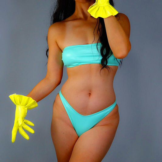 LATEX GLOVES Ruffled Short Shine Leather Faux Patent Lime Fluorescent Yellow