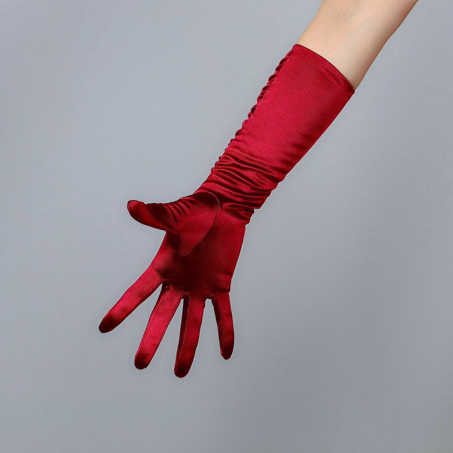 RUCHED GLOVES Stretch Satin Silk 40cm 15" Elbow Long Dark Red Wine Gathered TECH