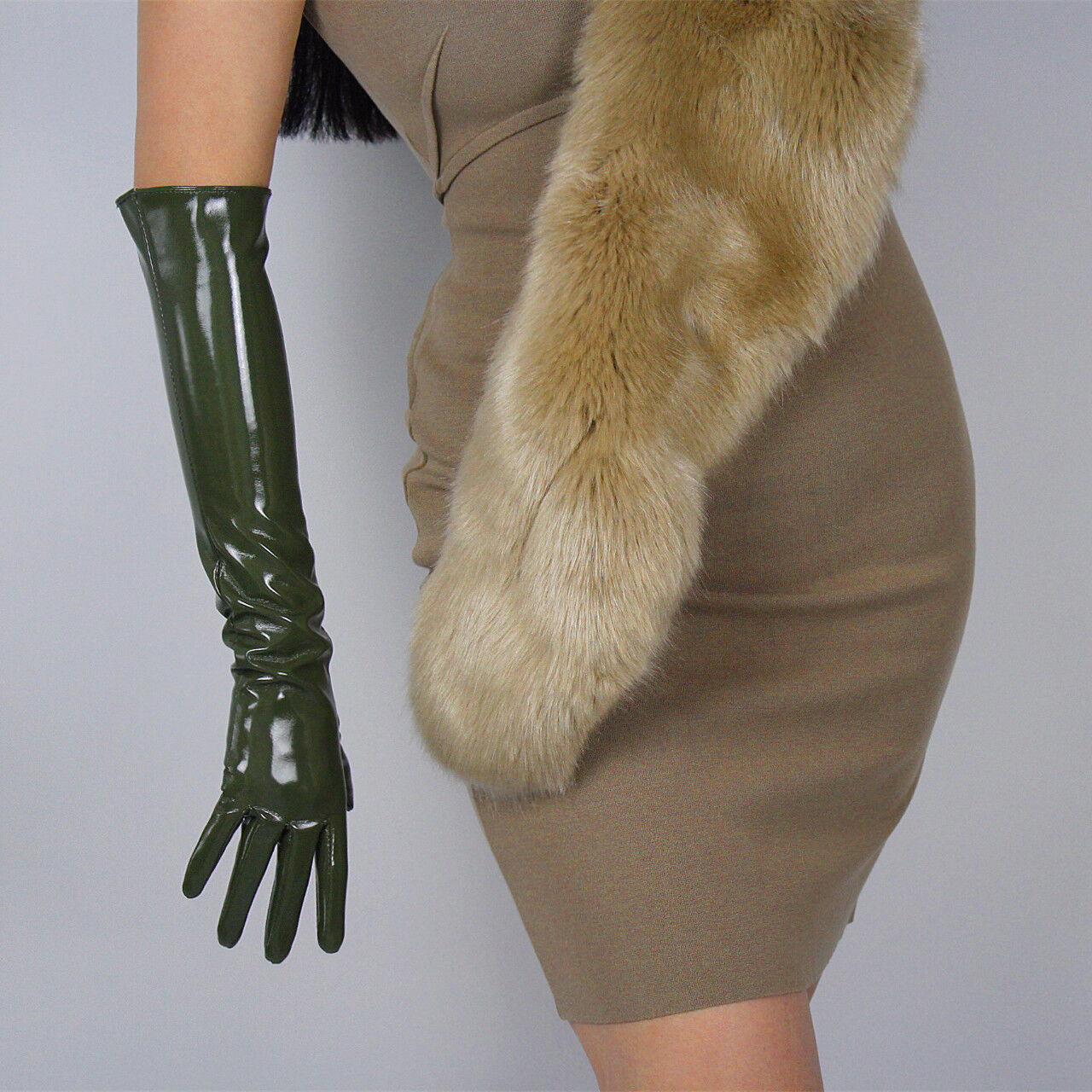 LATEX LONG GLOVES Shine Leather Faux Patent PU 20" 50cm Fashion Olive Army Green