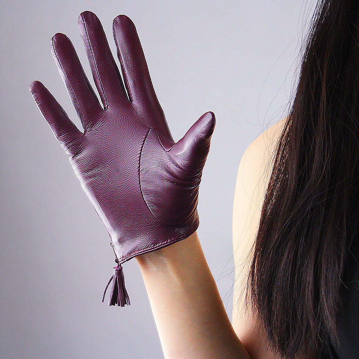 TECH GLOVES Real Leather Purple Wrist Short Zipper Fringe Tassel Touchscreen