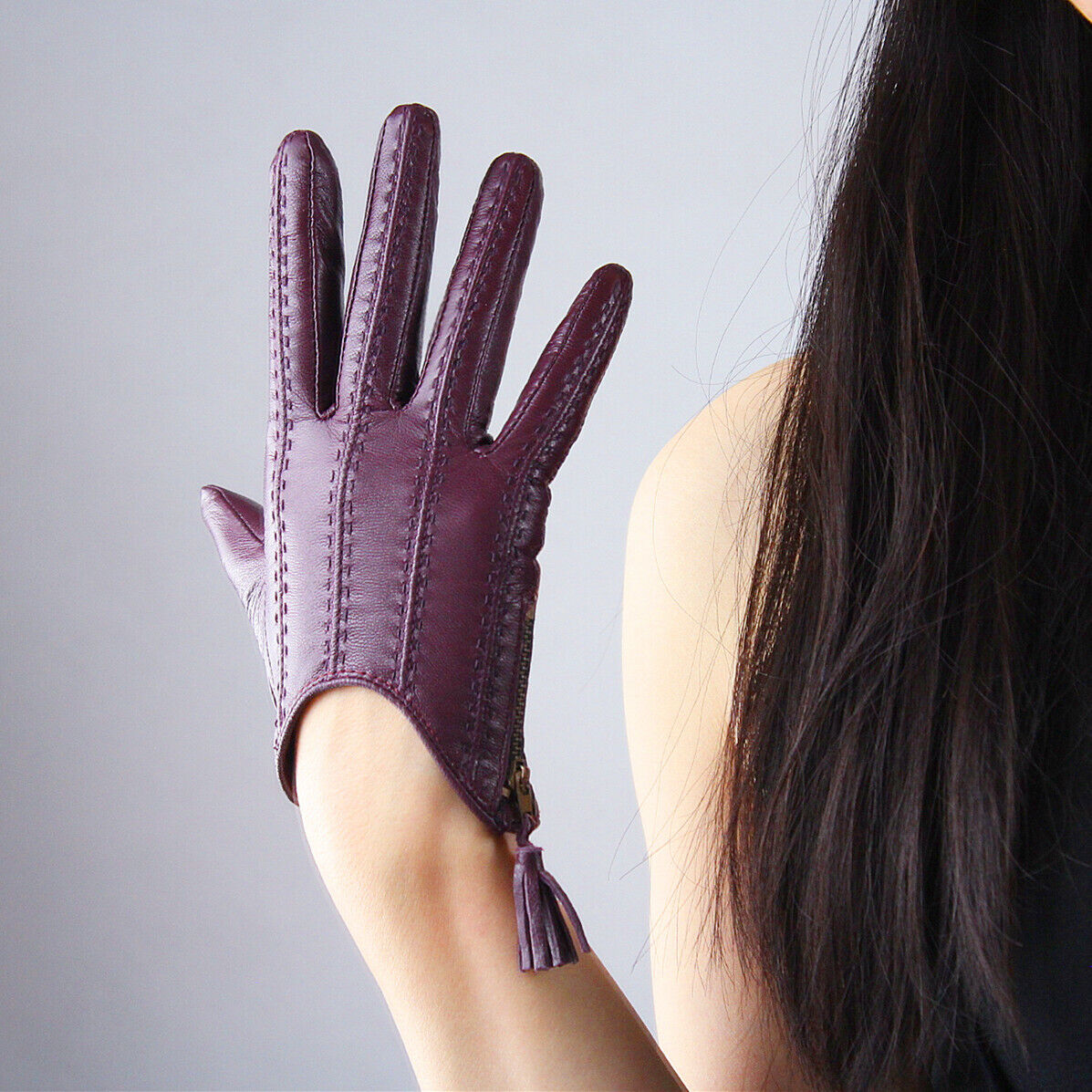 TECH GLOVES Real Leather Purple Wrist Short Zipper Fringe Tassel Touchscreen