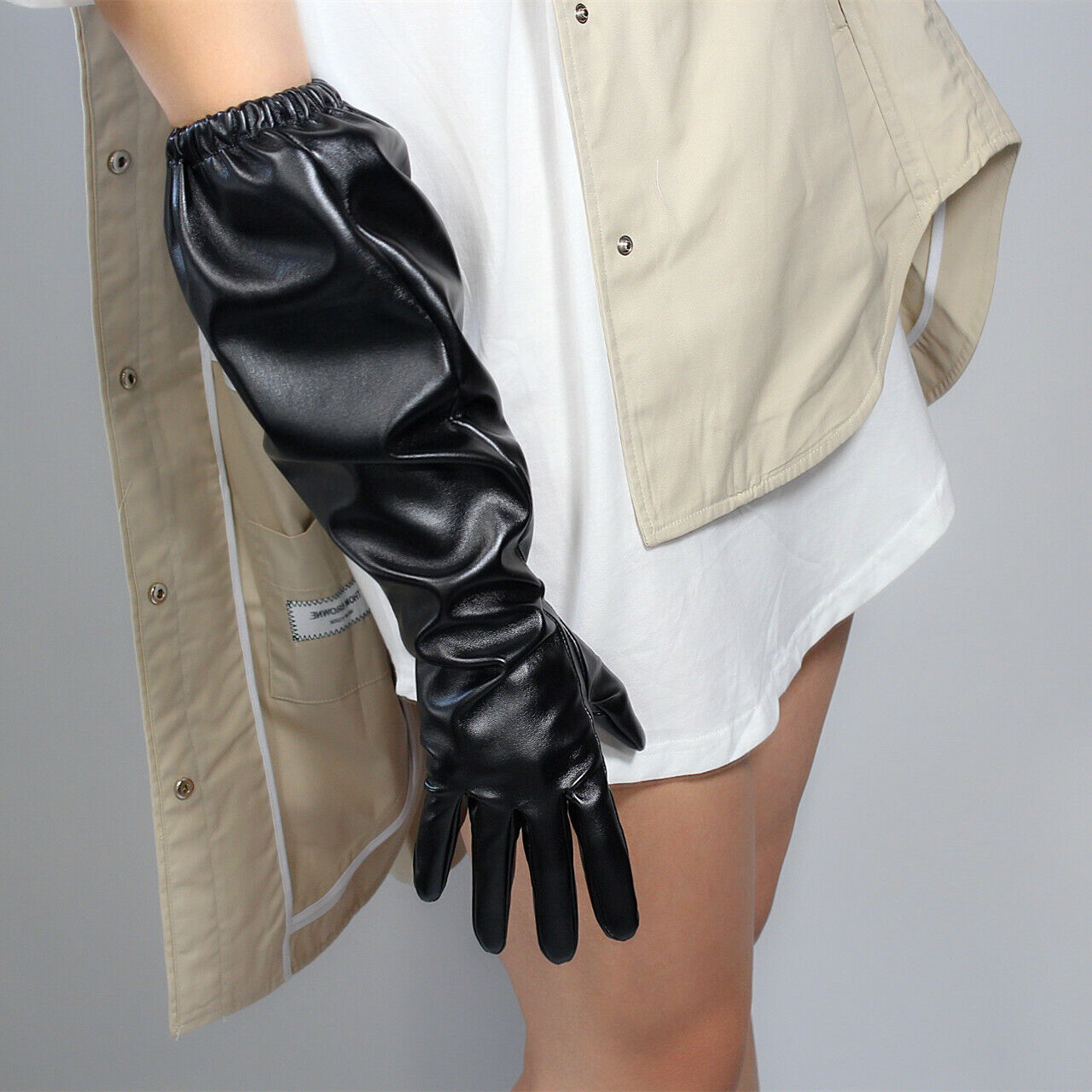 TECH LONG GLOVES Faux Leather PU 20" 50cm Black Elastic Band Cuff L PUFF SLEEVES