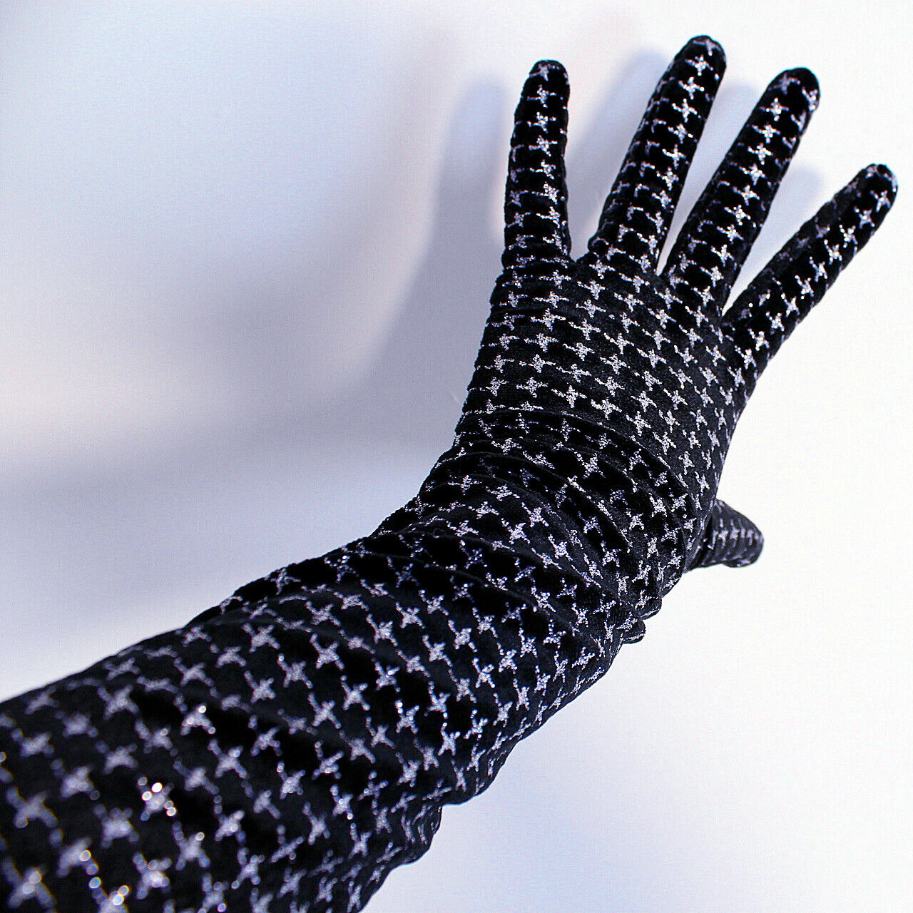 VELVET GLOVES 40cm 16" Long Stretchy Black Silver Chips Sparkle Houndstooth TECH