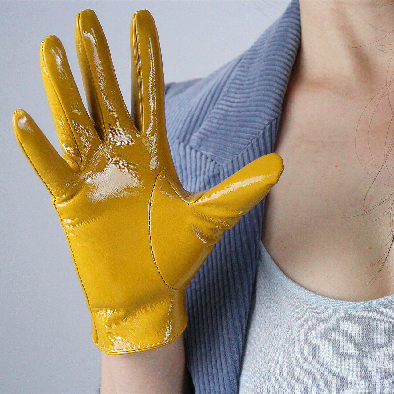 LATEX LONG GLOVES Shine Leather Faux Patent PU 8" 21cm Opera Mustard Yellow