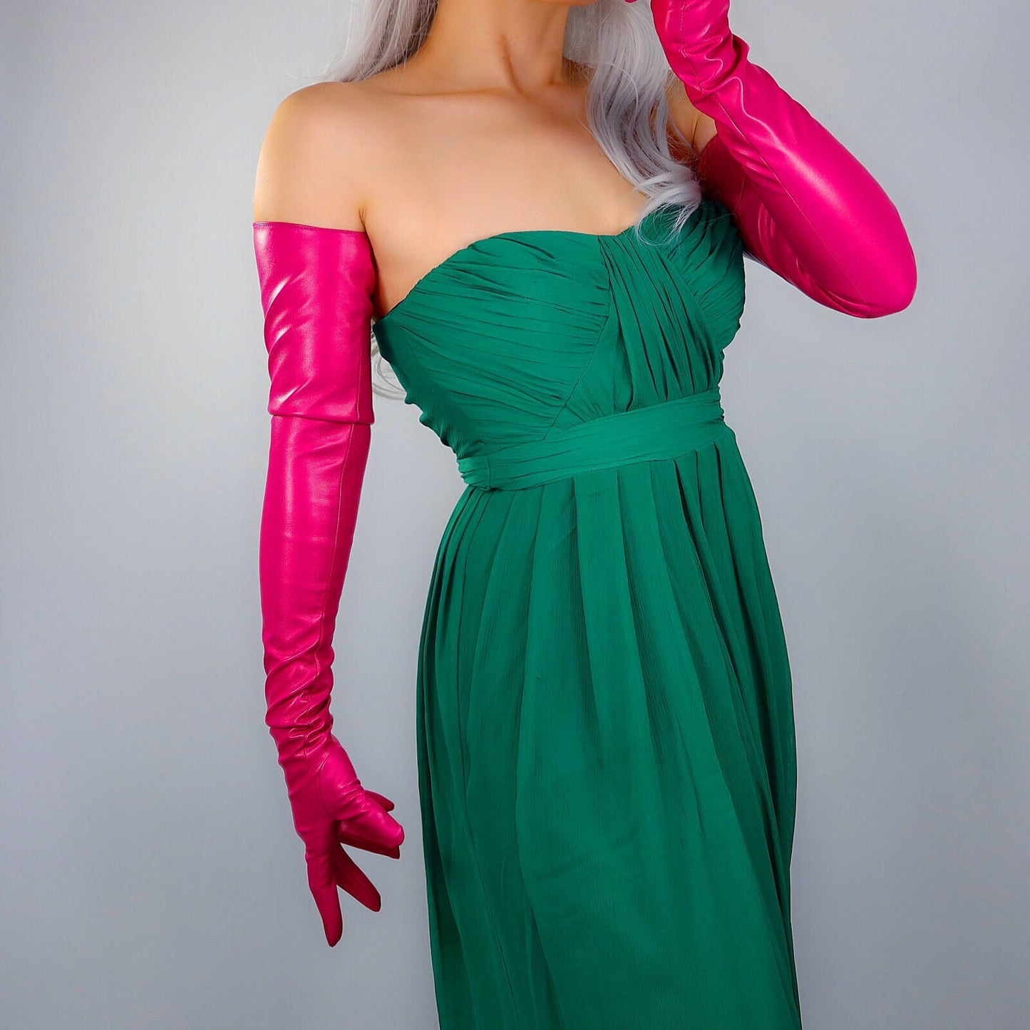 EXTRA LONG FASHION GLOVES Faux Leather 28" 70cm Rose Pink Fuchsia PUFF SLEEVES L