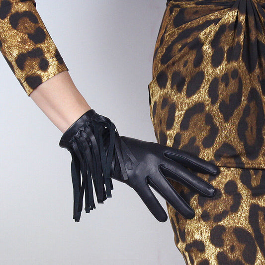 TECH GLOVES Real Leather Black Lambskin Sheepskin Wrist Long Short Fringe Cuffs