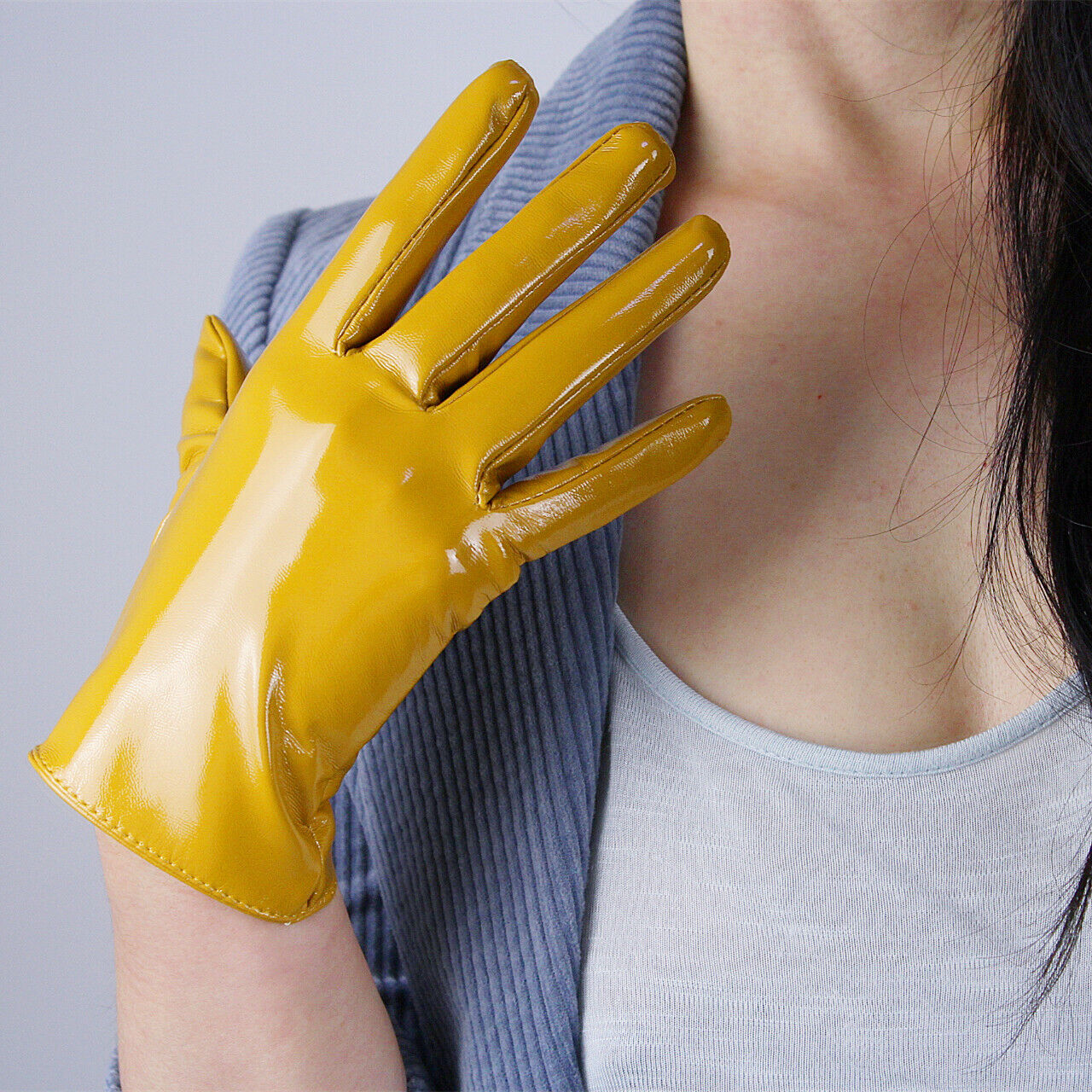 LATEX LONG GLOVES Shine Leather Faux Patent PU 8" 21cm Opera Mustard Yellow