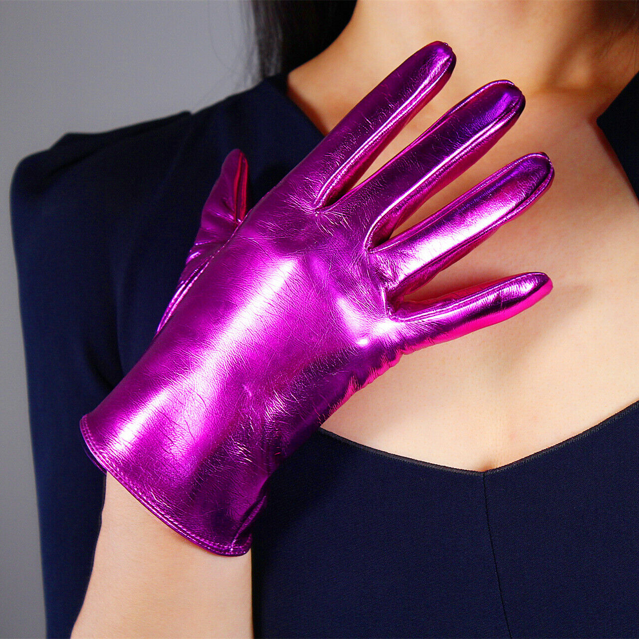 LATEX GLOVES Shine Leather Faux Patent PU 8" 21cm Wrist Short Fuchsia Rose Pink