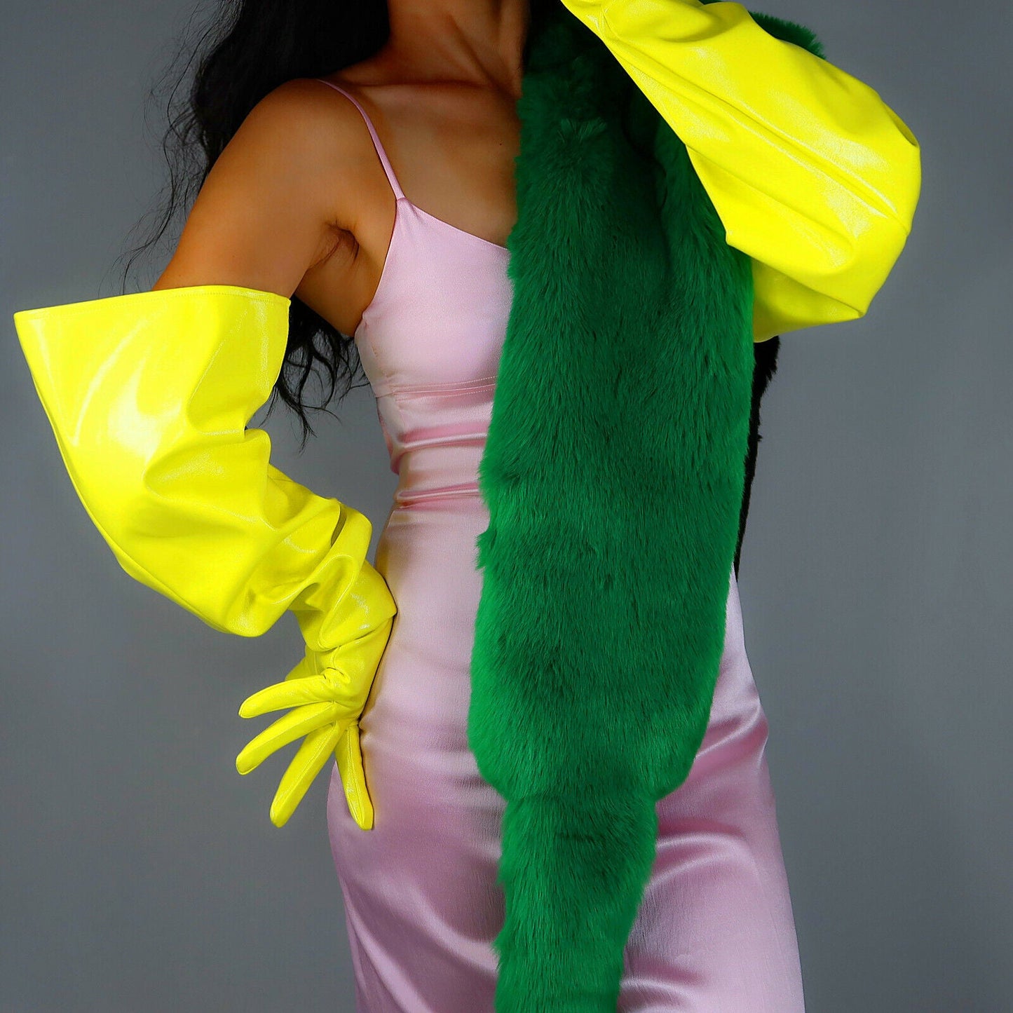 LATEX GLOVES 70cm Puff Long Shine Leather Faux Patent Lime Fluorescent Yellow