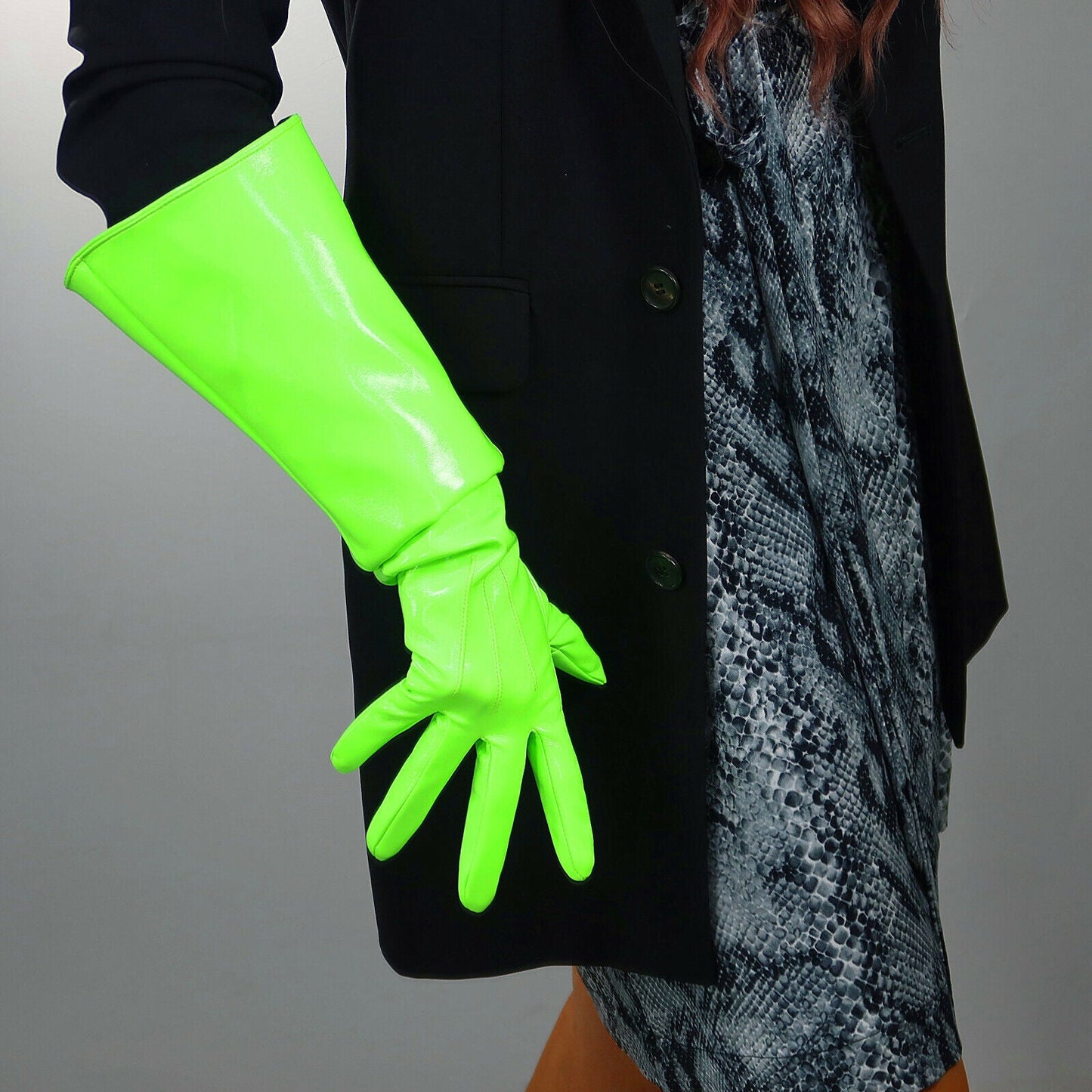 LATEX GLOVES Shine Leather Patent 50cm Long Lime Fluorescent Green PUFF SLEEVES