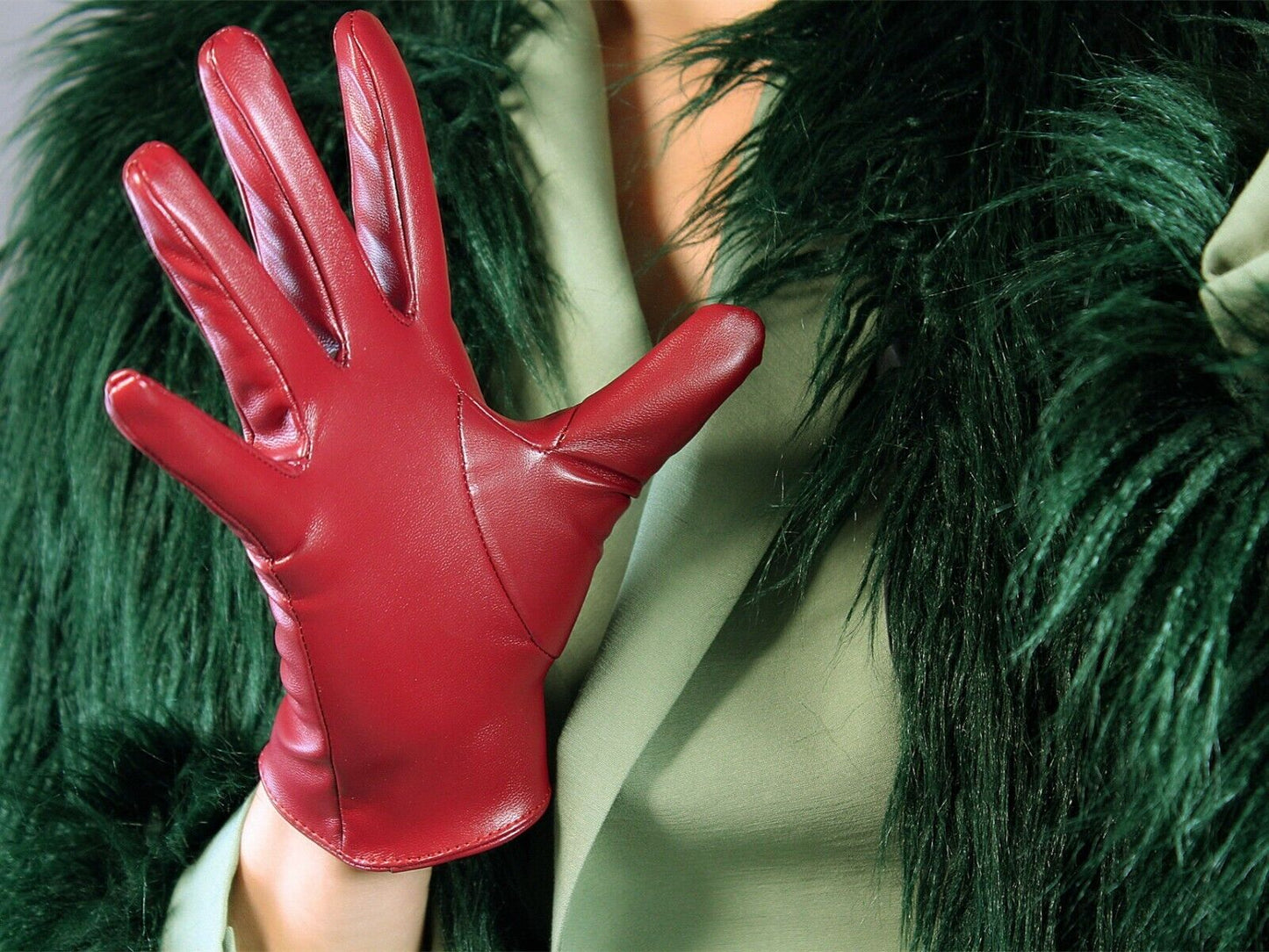 SHORT GLOVES Faux Leather Lambskin Sheepskin 8" 21cm Dark Red Burgendy Oxblood