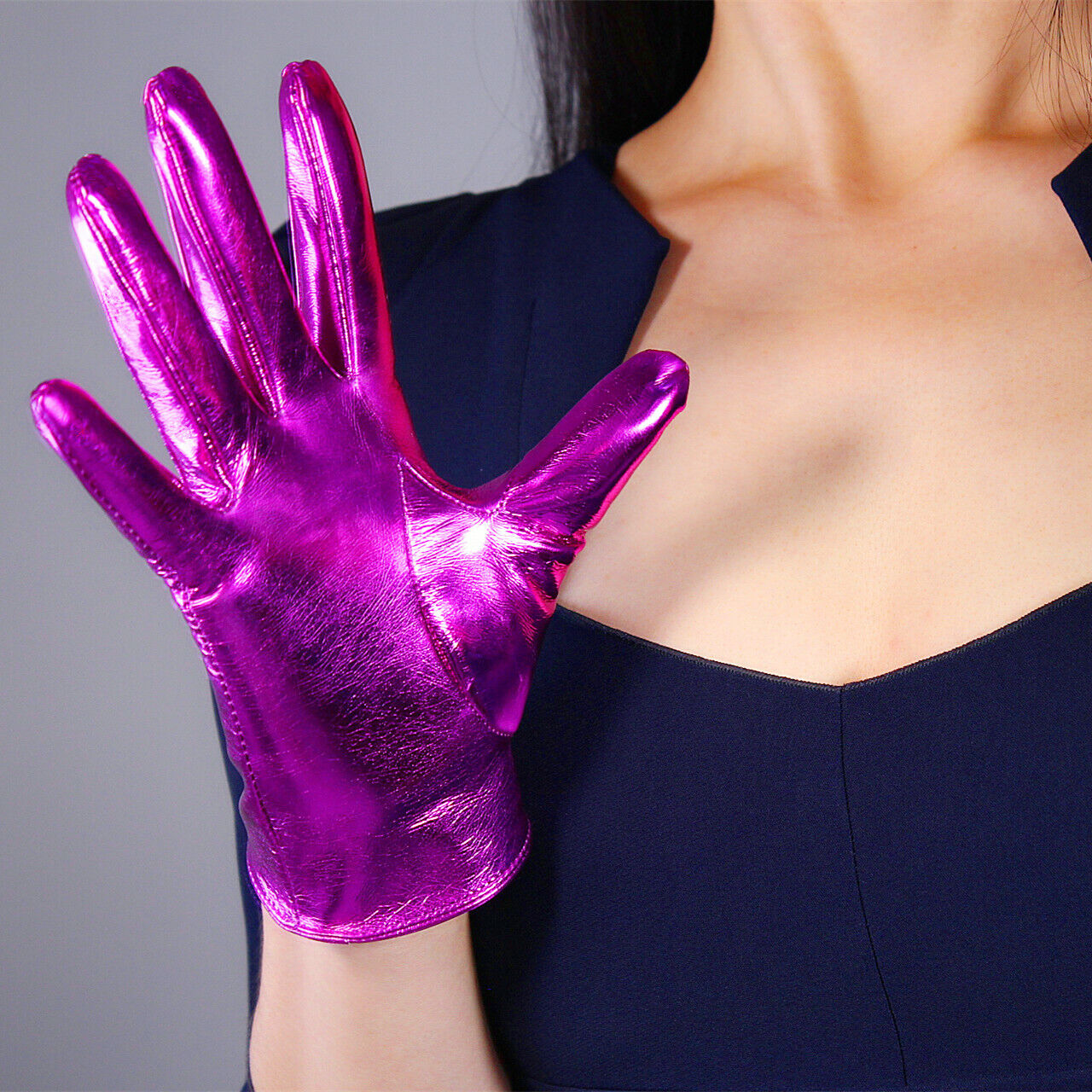 LATEX GLOVES Shine Leather Faux Patent PU 8" 21cm Wrist Short Fuchsia Rose Pink