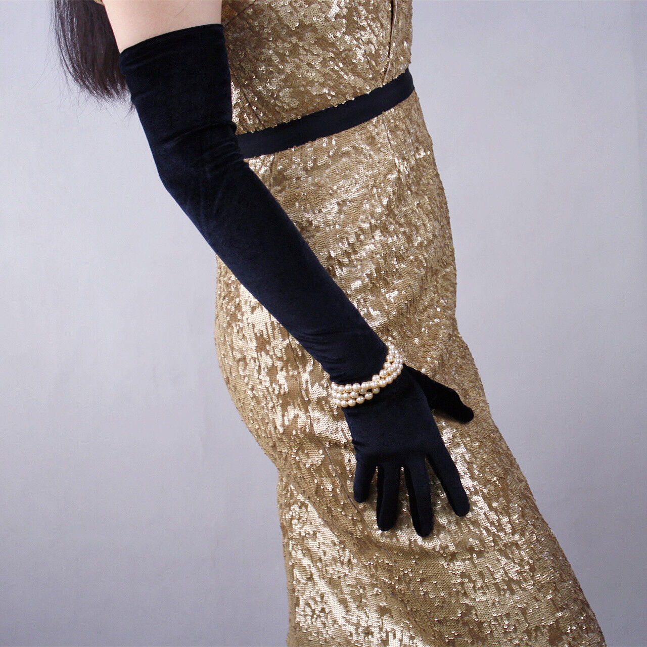 Velvet Gloves Opera Evening Long Elastic Stretch Flannel Black Touchscreen 60cm