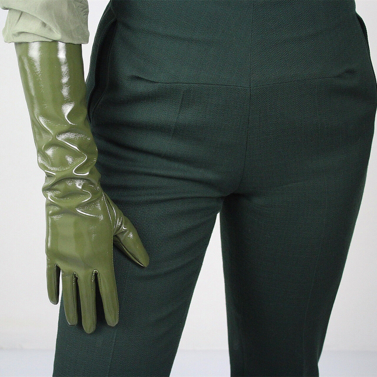 LATEX LONG GLOVES Shine Leather Faux Patent PU 16" 40cm Opera Olive Army Green