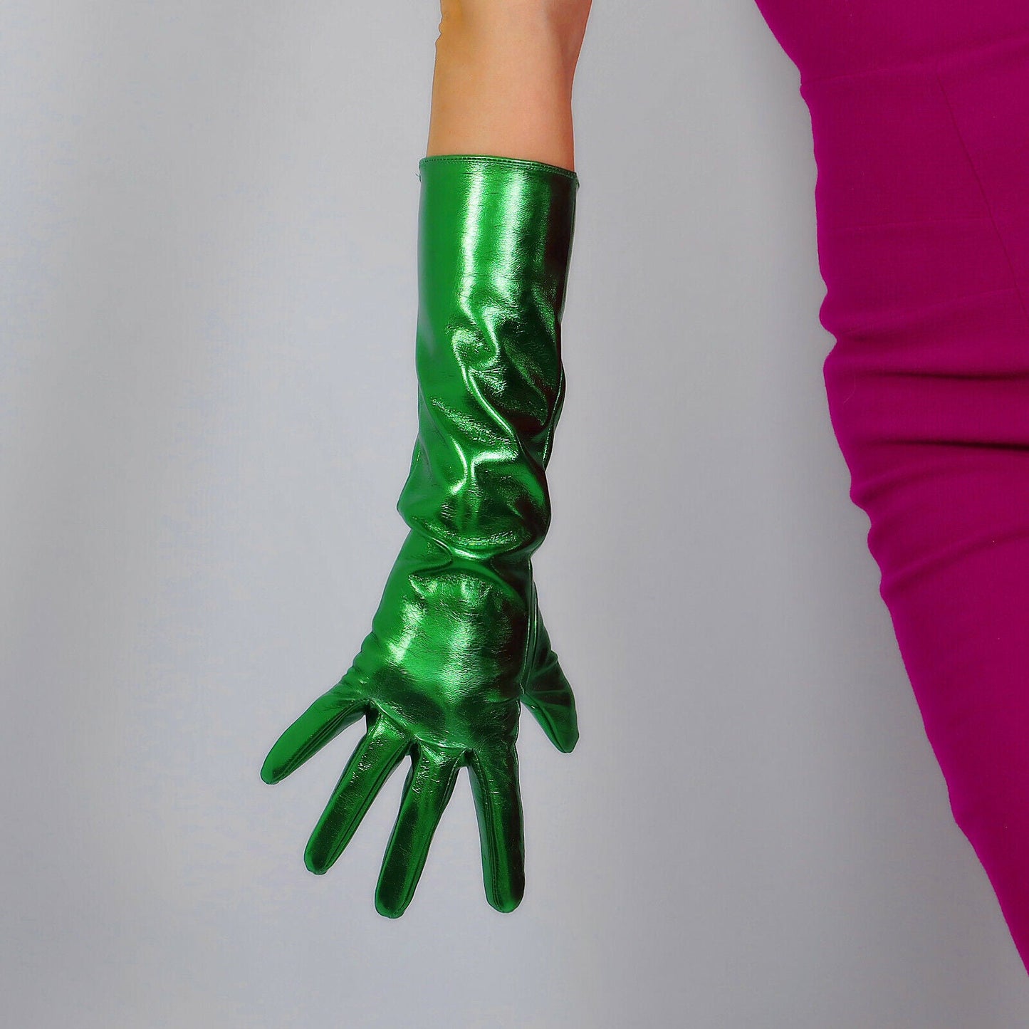 LATEX LONG GLOVES Faux Shine Patent Leather 16" 40cm Electric Green Slim Fitted