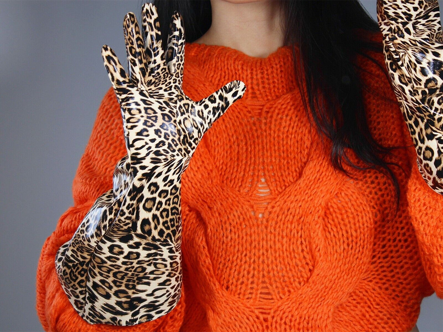 PATENT LONG GLOVES Unisex Faux Leather Wide Balloon Puff Sleeves L Leopard 38cm