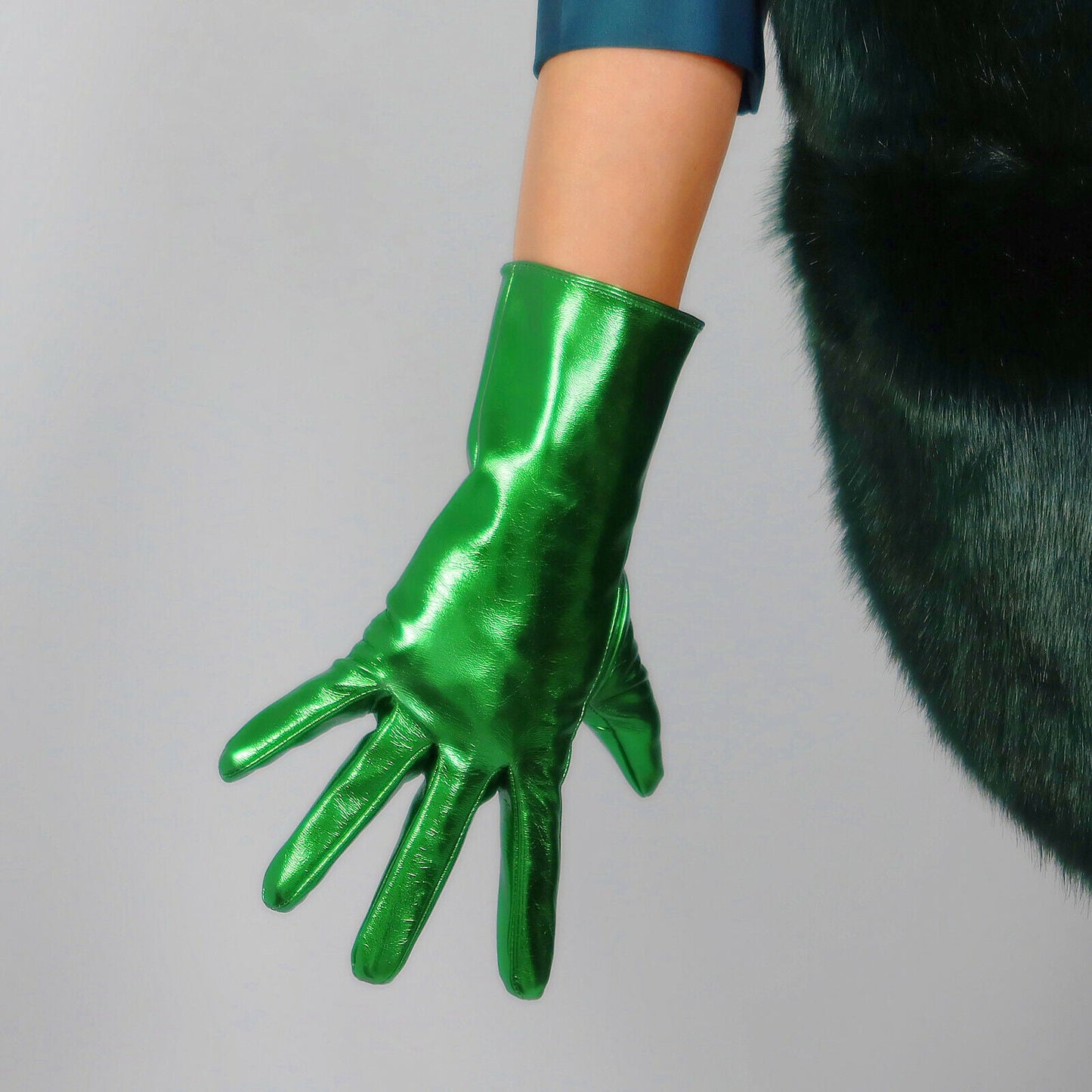 LATEX SHORT GLOVES Faux Shine Patent Leather 11" 28m Electric Green Wrist Long