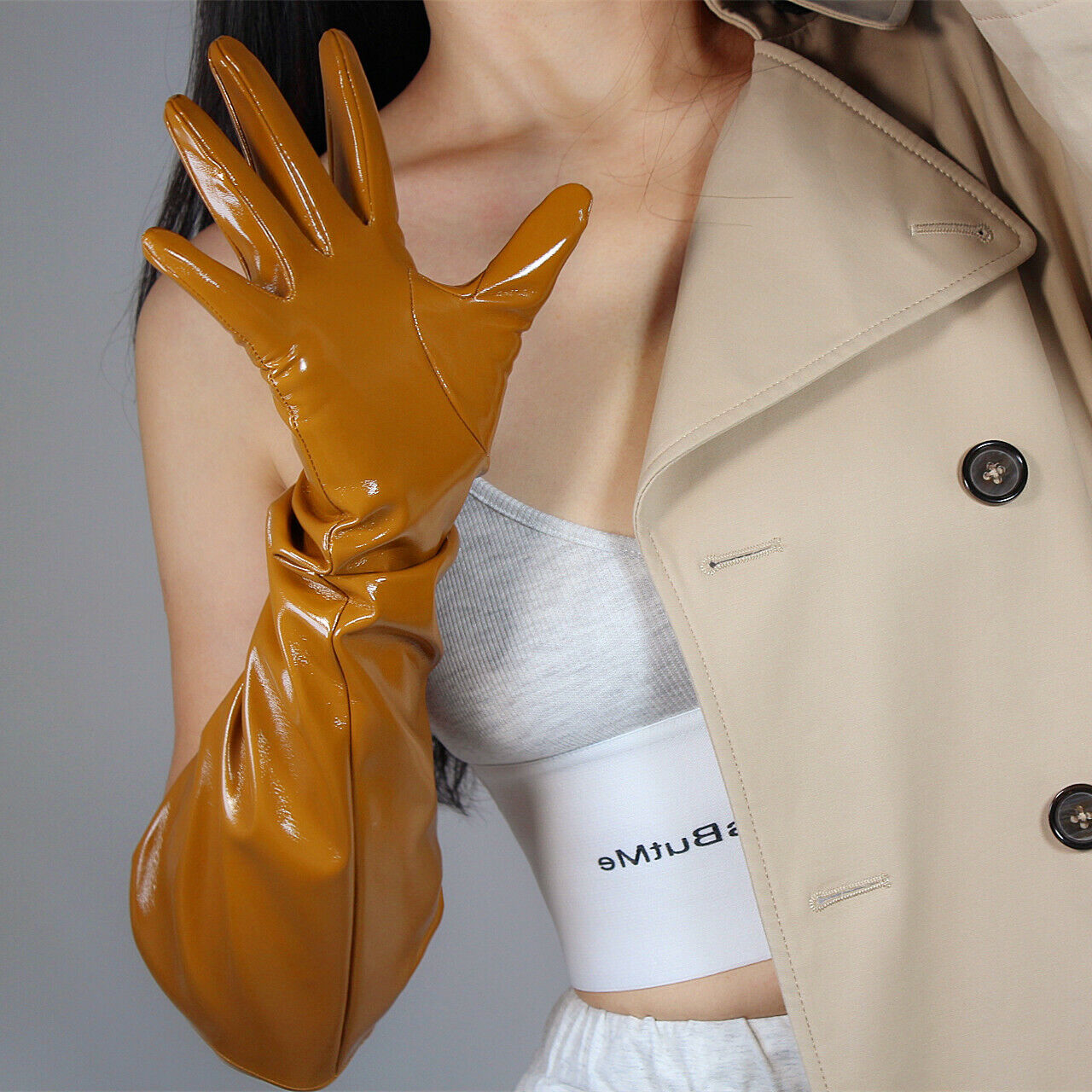 PATENT LONG GLOVES Faux Leather 50cm 20" Wide Shine Brown Camel L PUFF SLEEVES