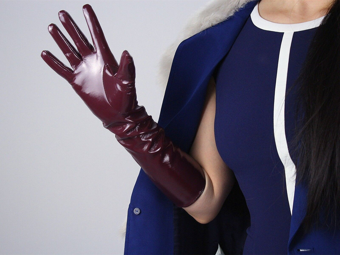 LATEX LONG GLOVES Shine Leather Faux Patent PU 16" 40cm Elbow Dark Red Purple