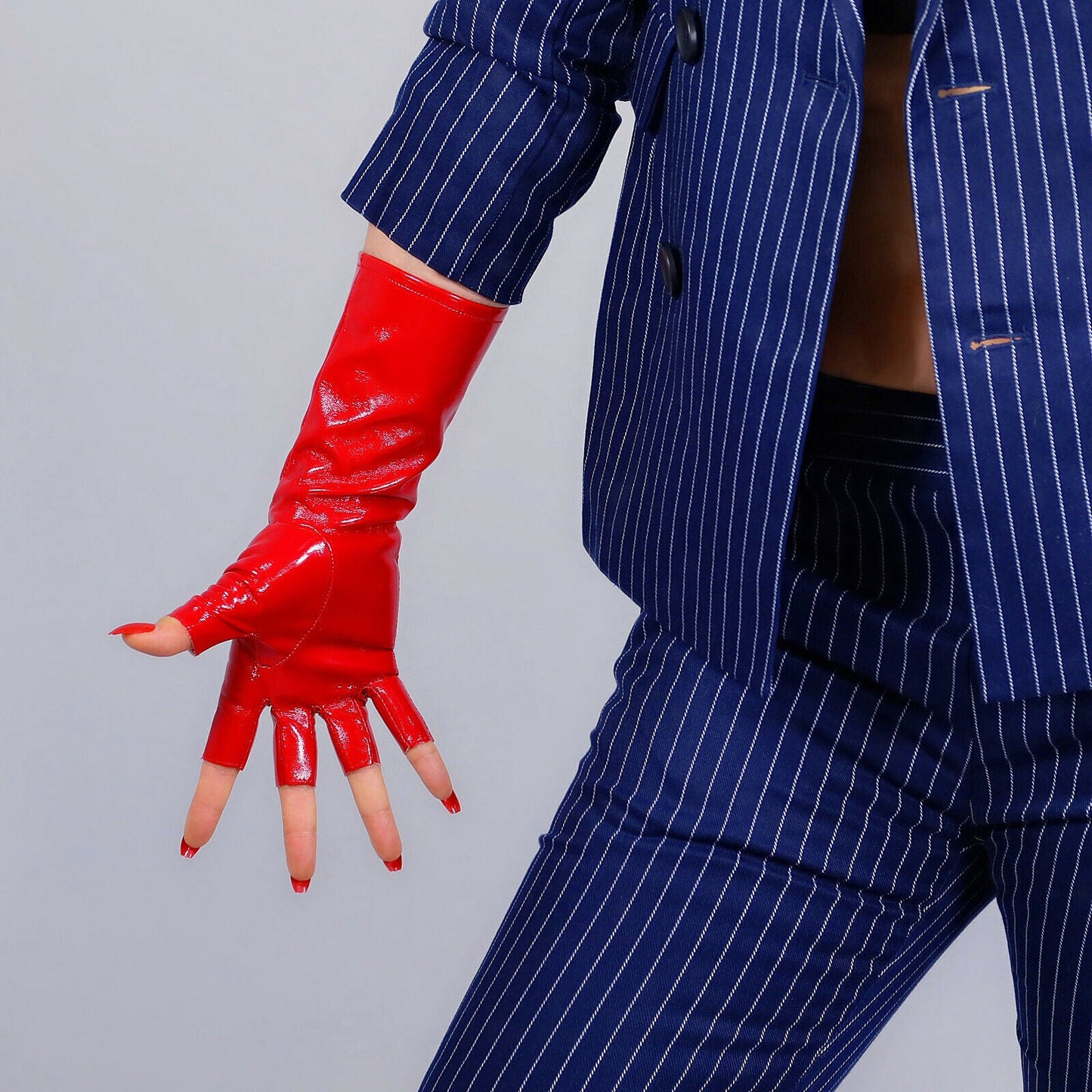 HALF FINGER LATEX Long Gloves Faux Patent Leather Shine Red 28cm Fingerless