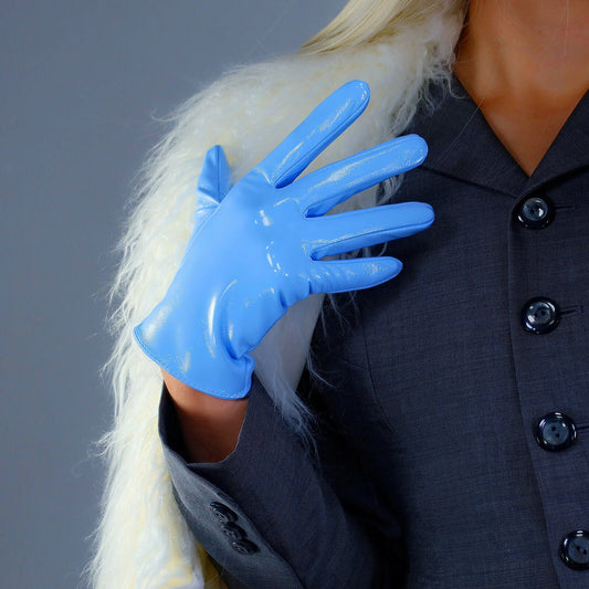 LATEX GLOVES 21cm Wrist Short Basic Shine Leather Faux Patent Baby POWDER BLUE