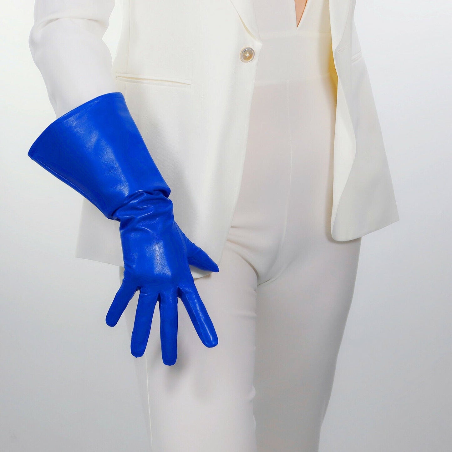 REAL LEATHER TECH LONG GLOVES Unisex Klein Blue IKB 38cm Wide Puff Sleeves Large