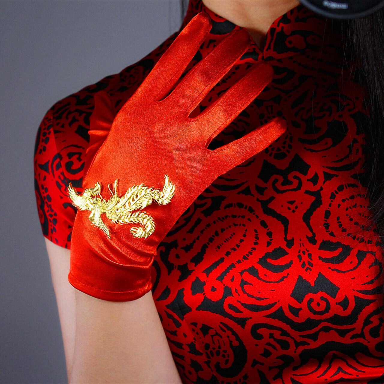 Stretch Satin Silk Gloves 20cm 9" Wrist Short Hot Red White w/ Golden Phoenix