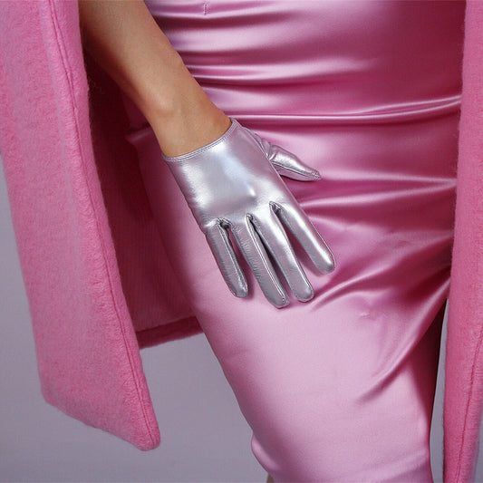 LATEX GLOVES Shine Leather Faux Patent PU 6" 16cm Short Opera Evening Silver
