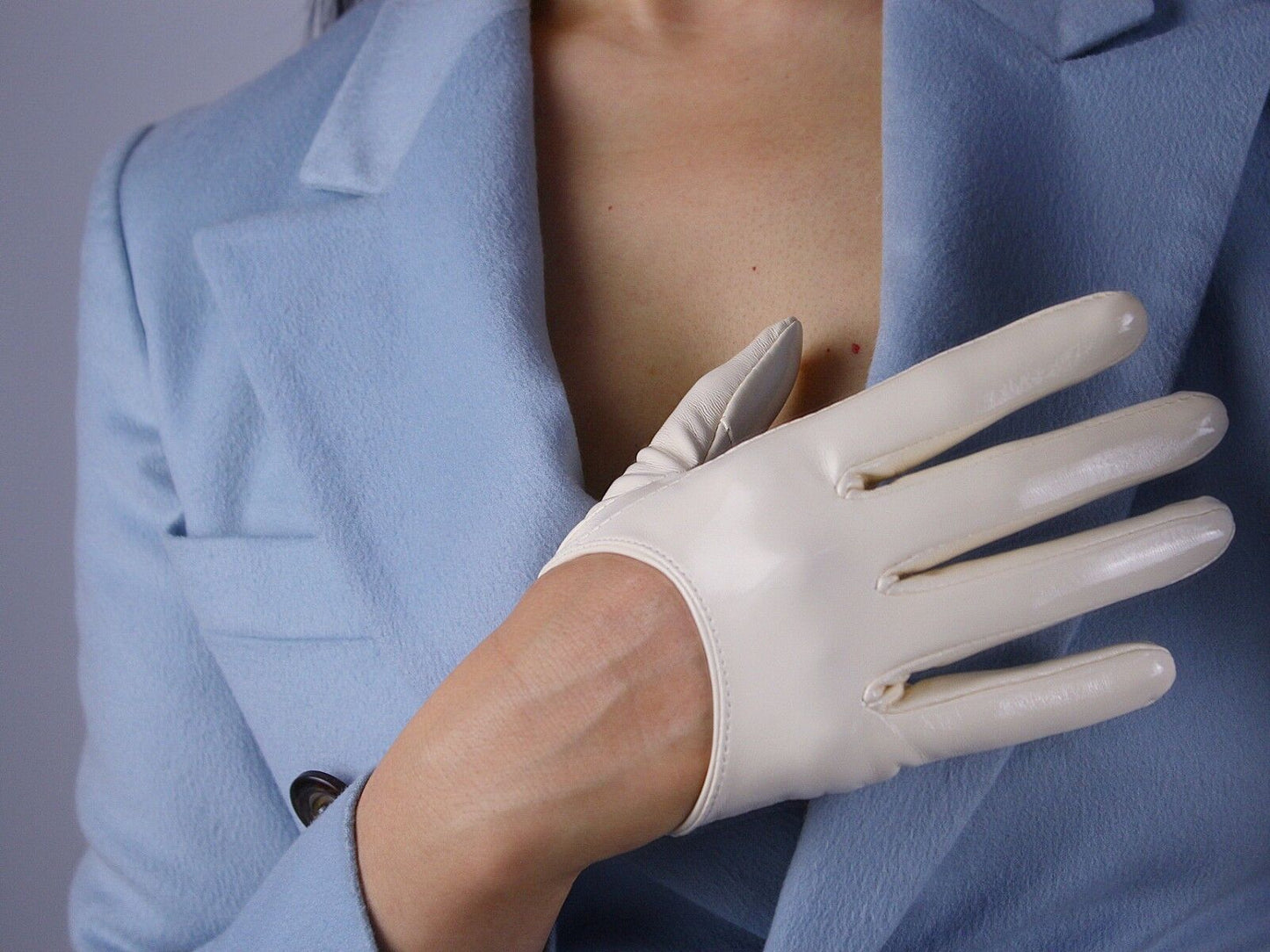 LATEX GLOVES Shine Leather Faux Patent PU 5" 13cm Short Evening Ivory Cream