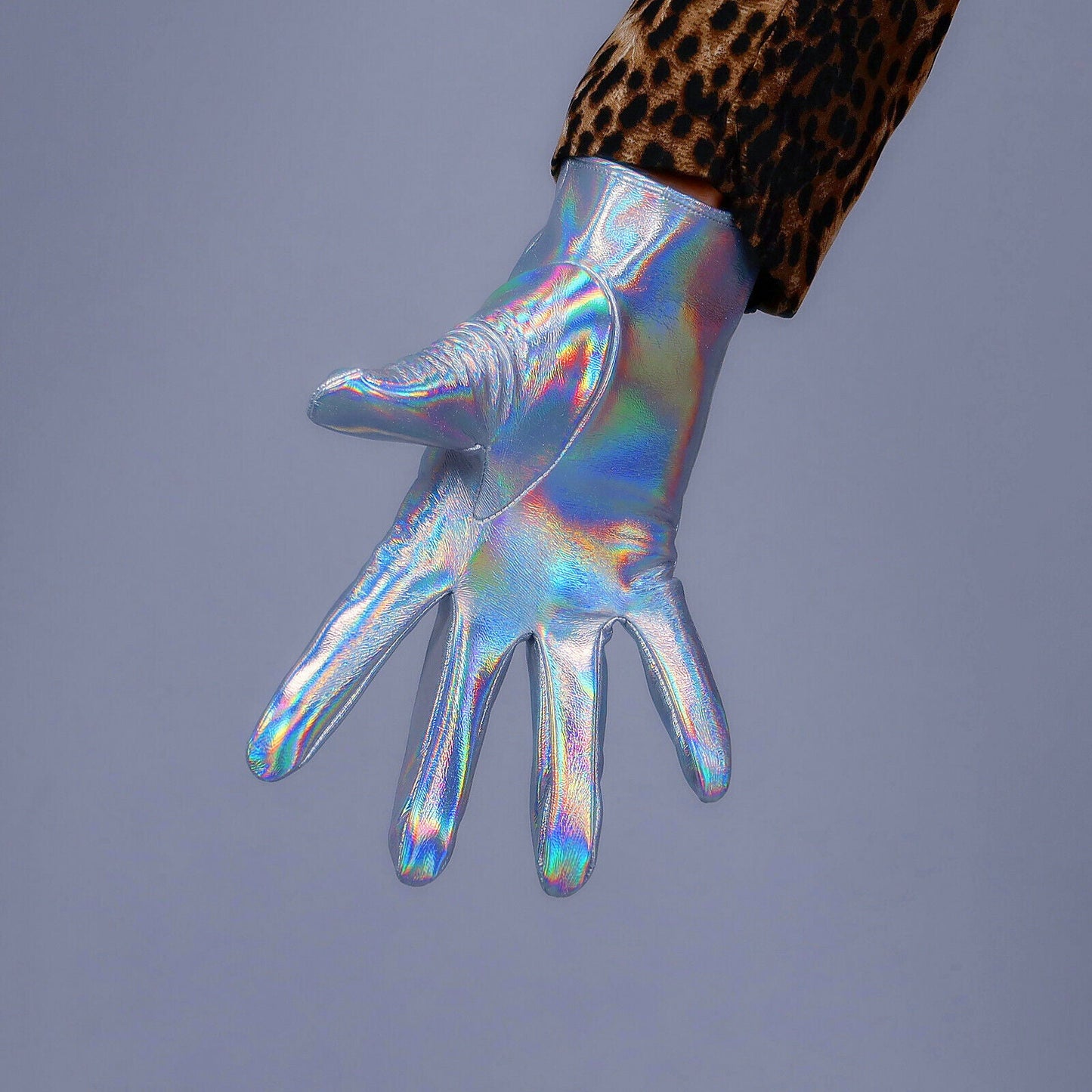 LATEX GLOVES Faux Patent Leather 8" 21cm Short Hologram Silver Mermaid Rainbow