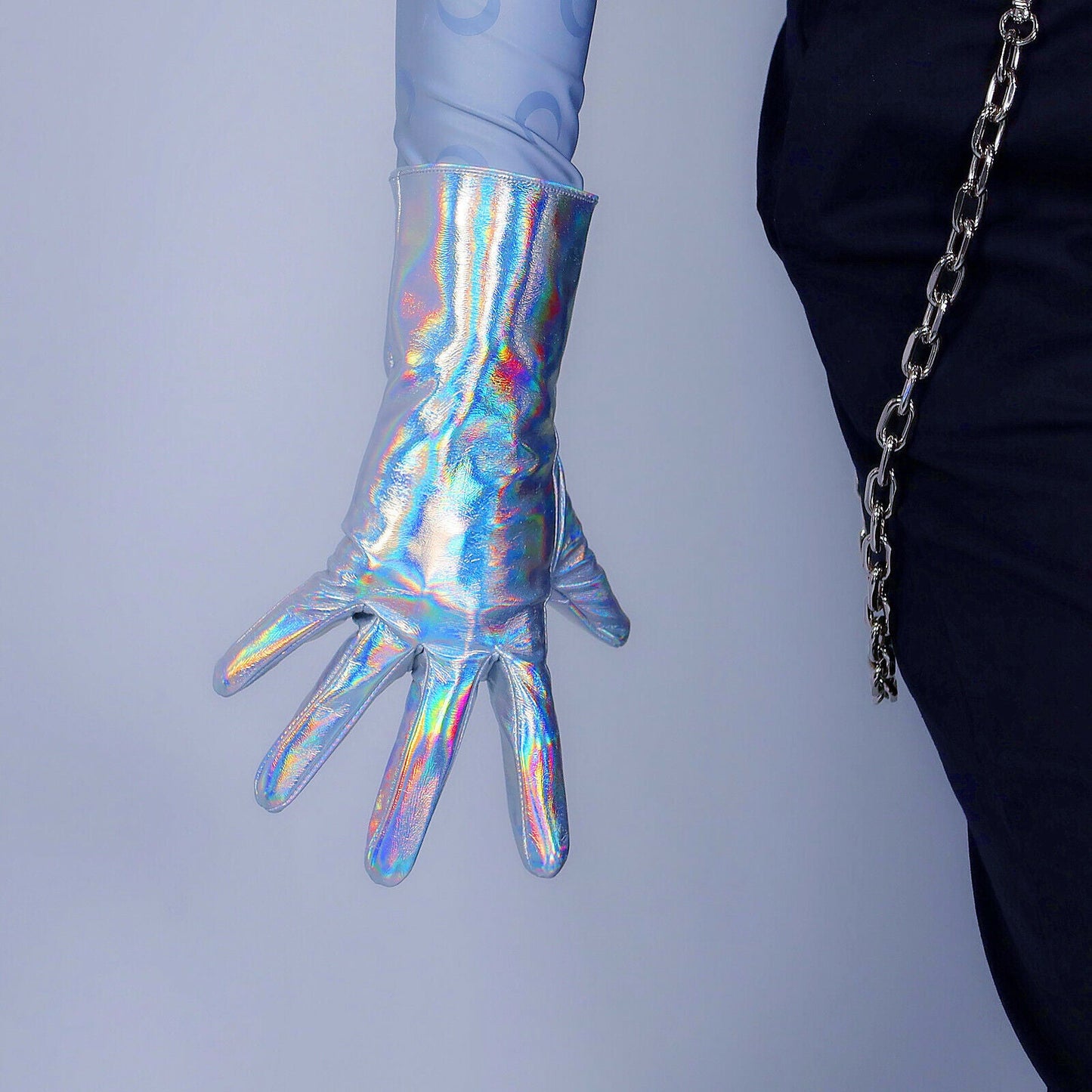 LATEX GLOVES Faux Patent Leather 11" 28cm Short Hologram Silver Mermaid Rainbow