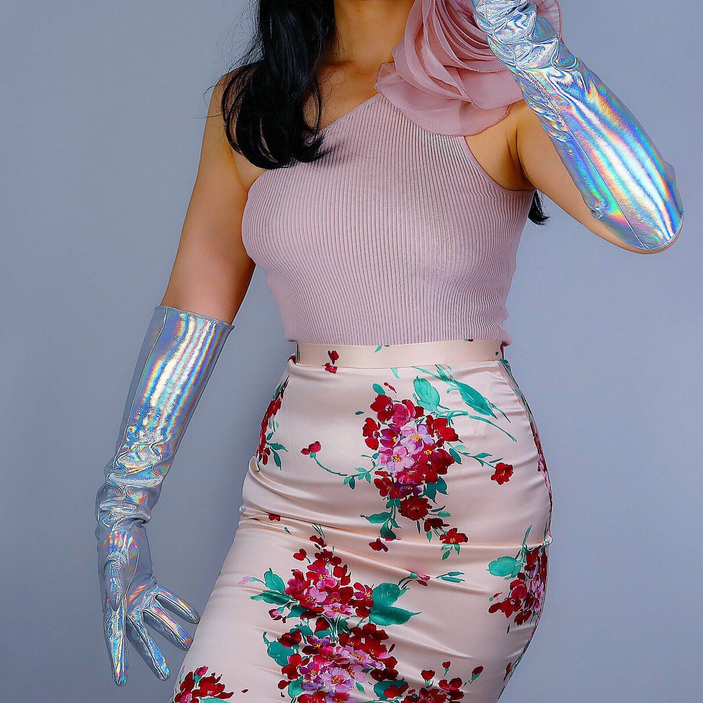 LATEX LONG GLOVES Faux Patent Leather 20" 50cm Hologram Silver Mermaid Rainbow