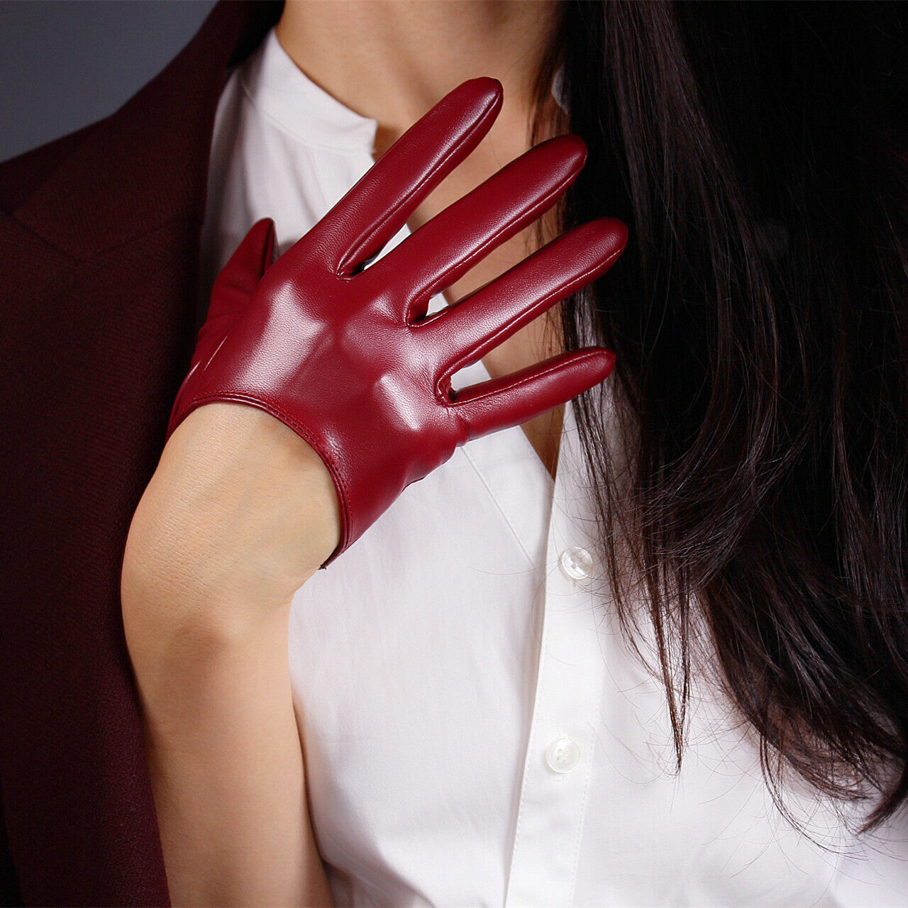 SHORT GLOVES Faux Leather Lambskin Sheepskin 5" 13cm Dark Red Burgendy Oxblood