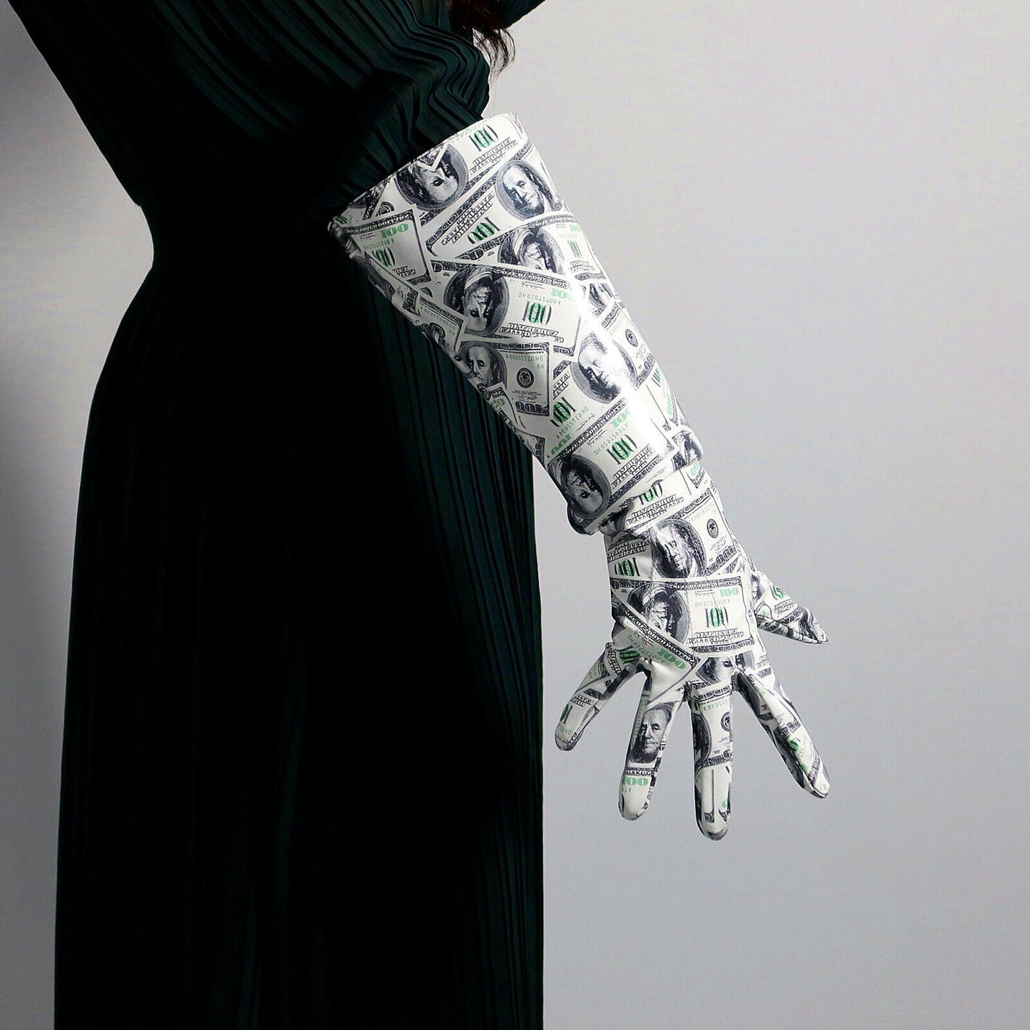 LATEX LONG GLOVES Faux Shine Patent Leather 20" 50cm Dollar Print PUFF SLEEVES L