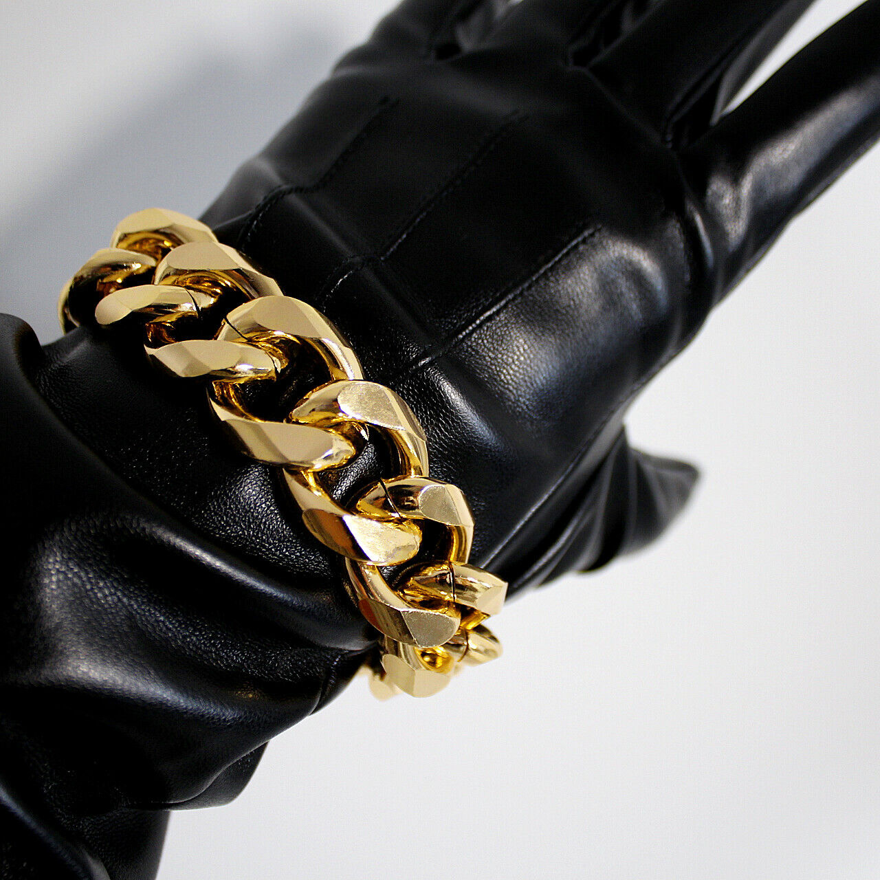 TECH LONG GLOVES Black Faux Leather Elbow 50cm Large Golden Chain PUFF SLEEVES L