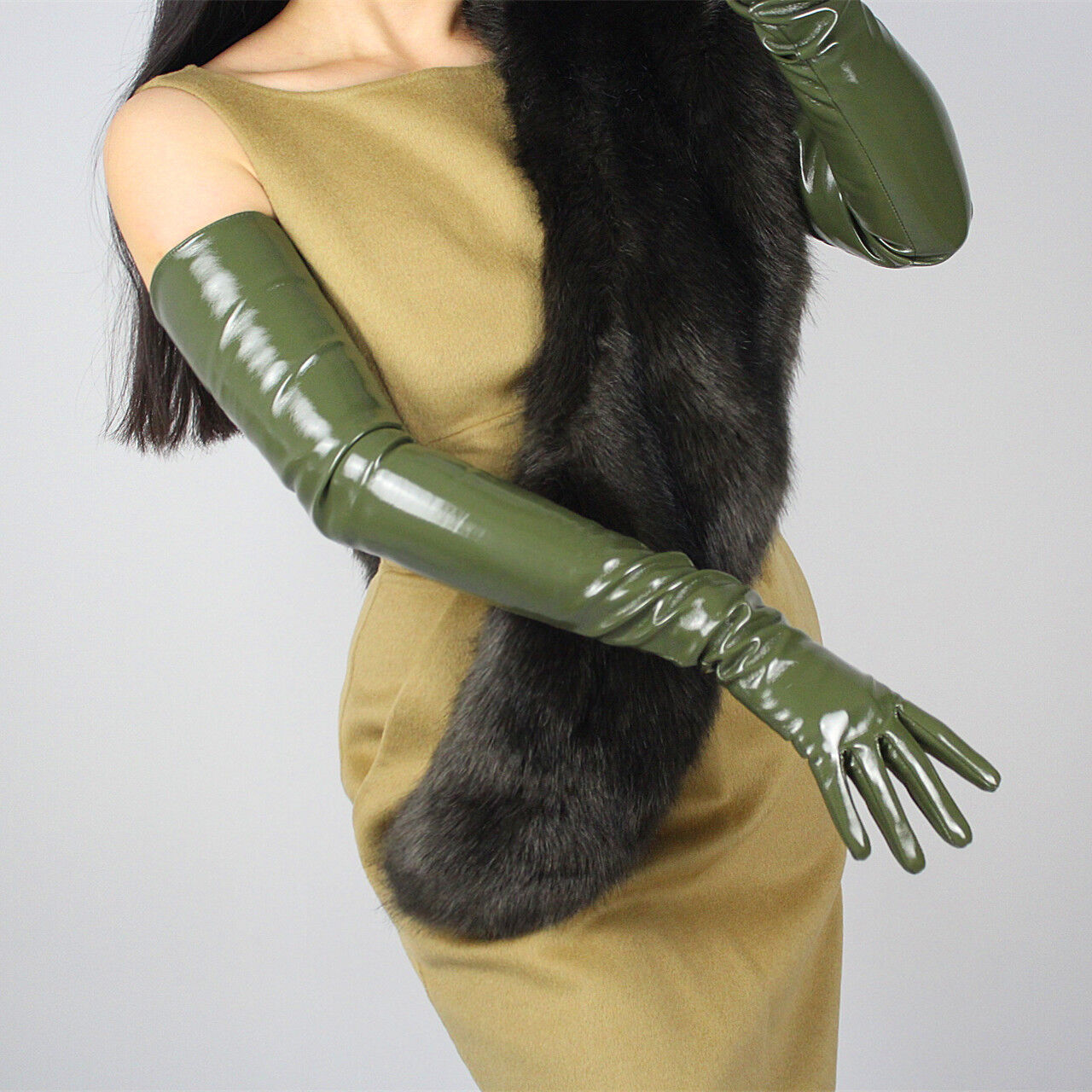 LATEX LONG GLOVES Shine Leather Faux Patent PU 28" 70cm Opera Olive Army Green