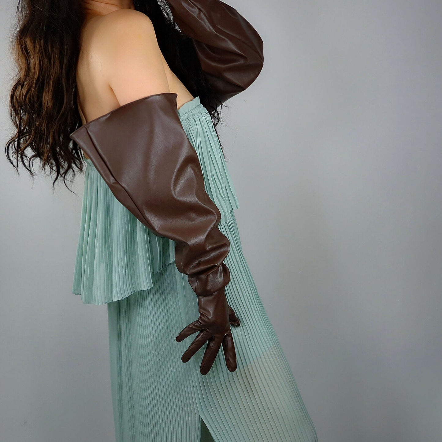 LONG GLOVES Faux Leather PU 28" 70cm Coffee Brown Loose L Unisex PUFF SLEEVES