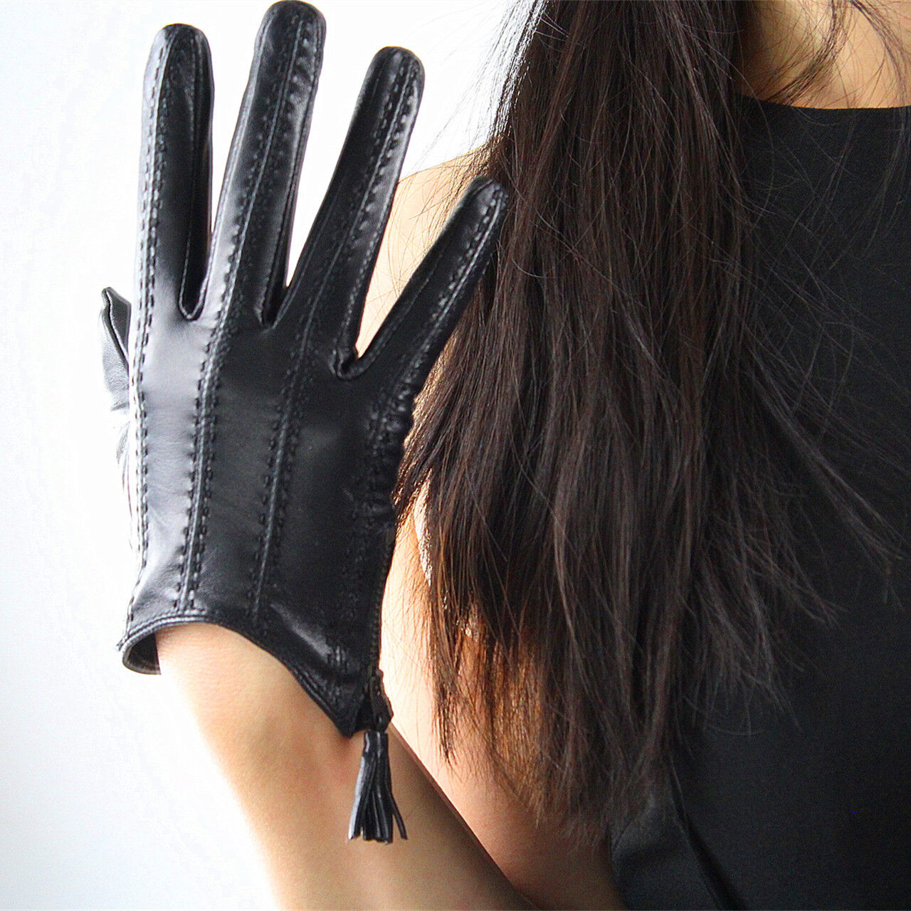 TECH GLOVES Real Leather BLACK Wrist Long Zipper Fringe Tassel Touchscreen Lamb