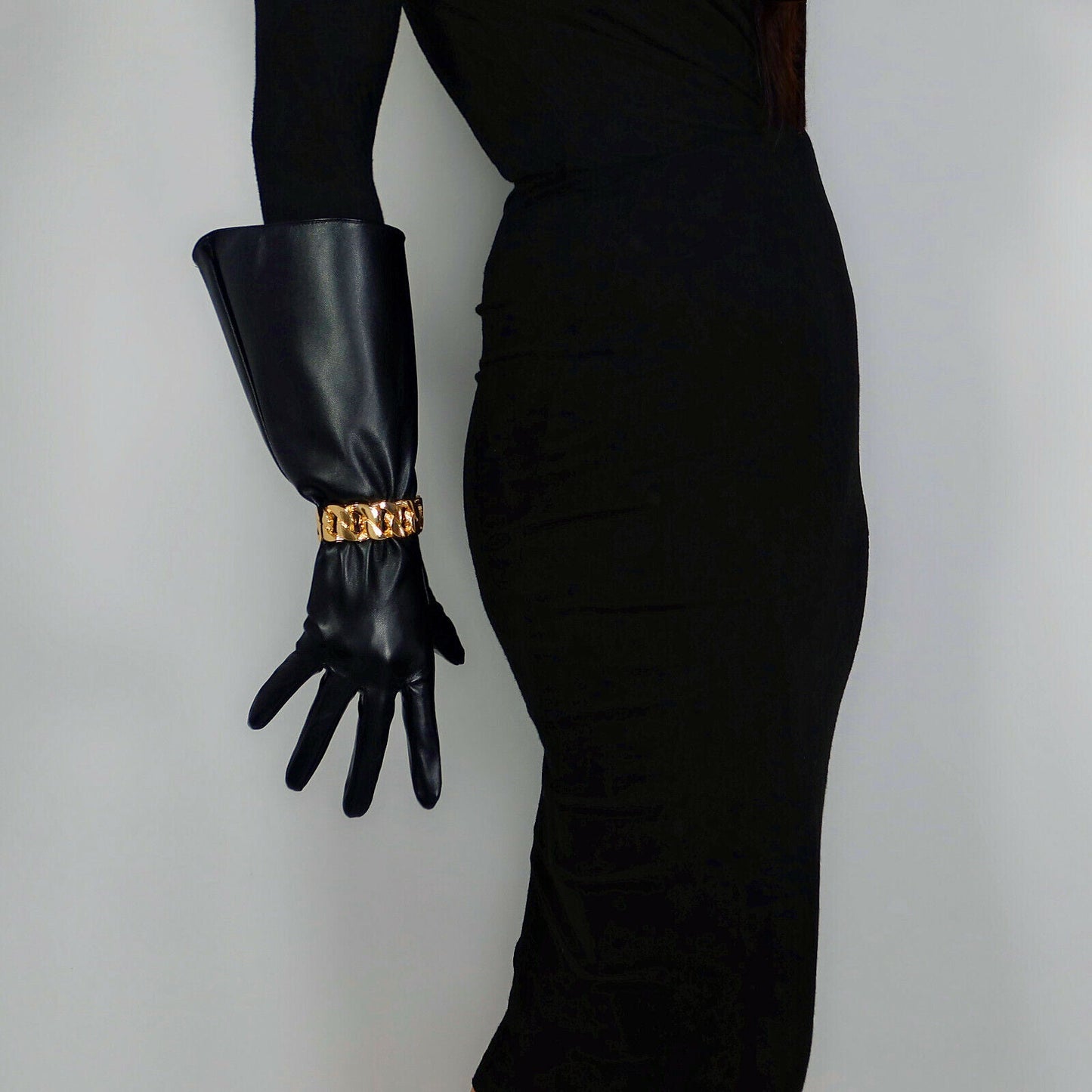 TECH LONG GLOVES Unisex Black Faux Leather 38cm Wide Balloon Puff Sleeves Large