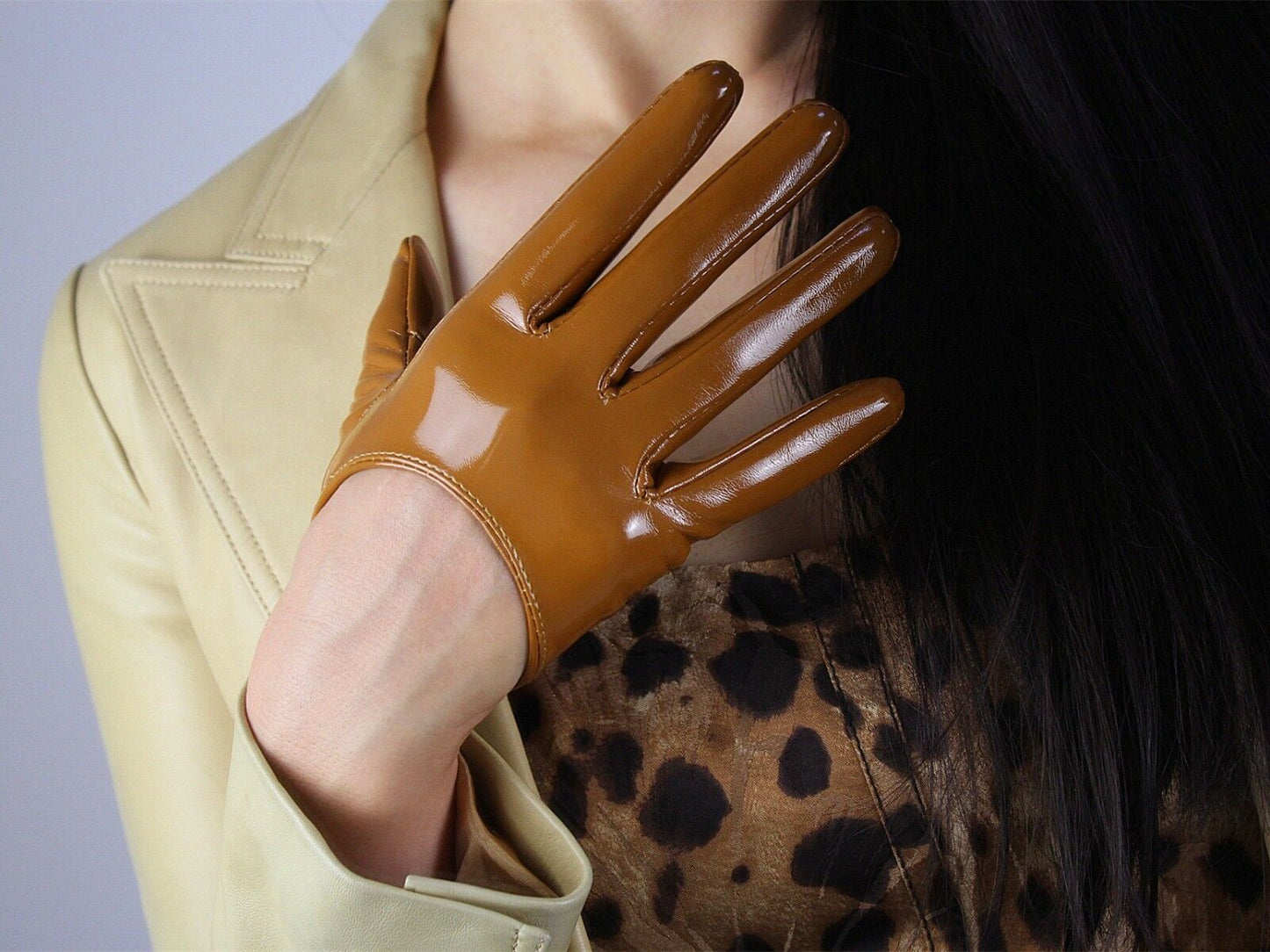 LATEX GLOVES Shine Leather Faux Patent PU 5" 13cm Short Opera Evening Brown Tan