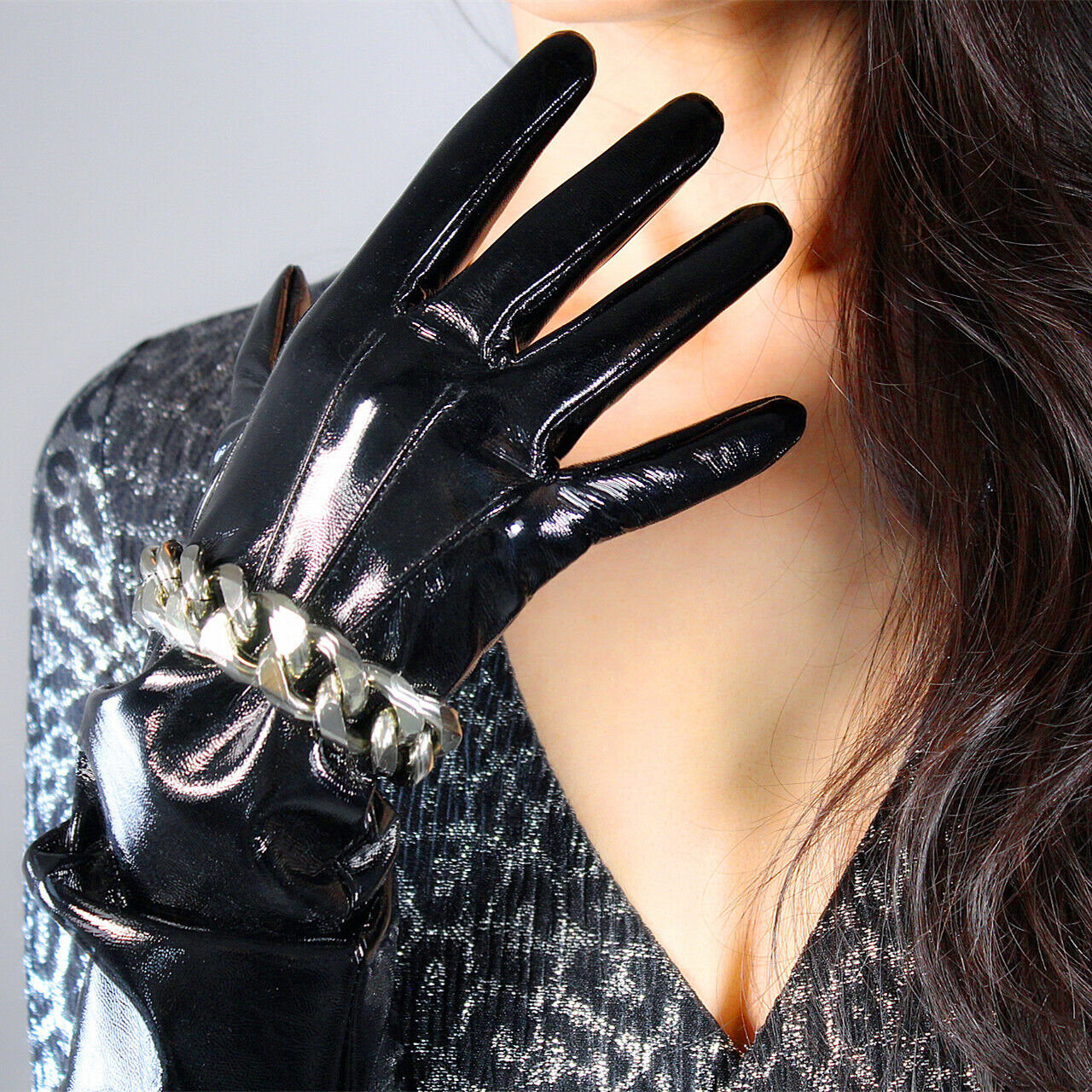 PATENT LONG GLOVES Black Faux Leather Elbow 20" 50cm L Silver Chain PUFF SLEEVES