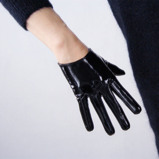 LATEX GLOVES Extra Short Faux Leather Dark Brown Shine Black Patent 16cm 6"