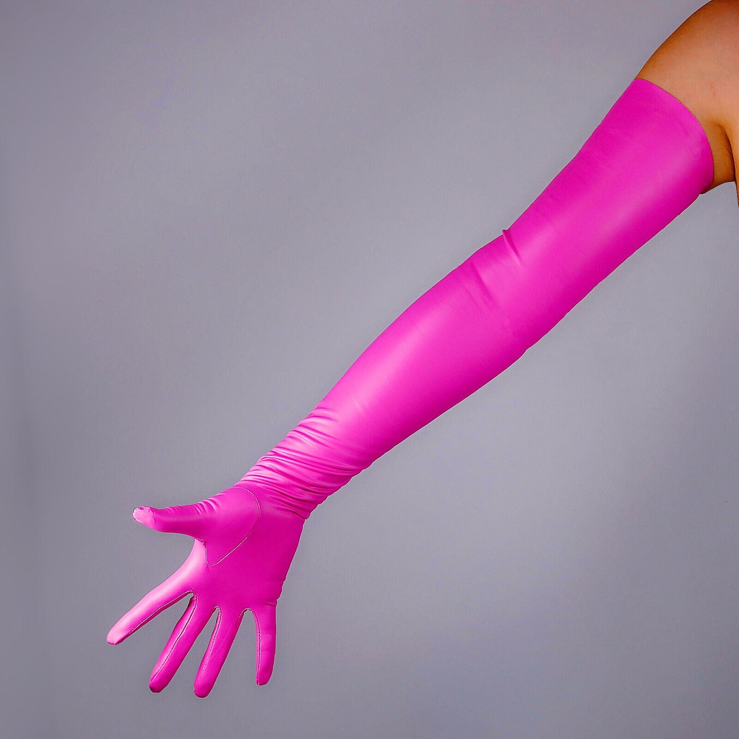 LATEX GLOVES Thin Faux Leather 28" 70cm Matt Rose Pink Magenta Red LONG FITTED