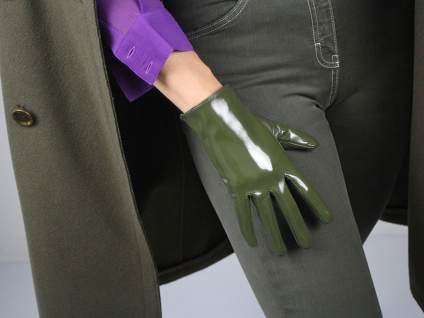 LATEX GLOVES Shine Leather Faux Patent 8" 21cm Short Wrist Olive Army Green