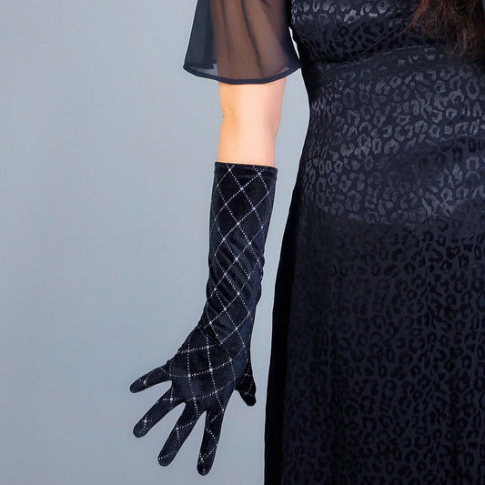 VELVET GLOVES 40cm 16" Long Stretch Black Silver Chips Sparkle Diamond Square