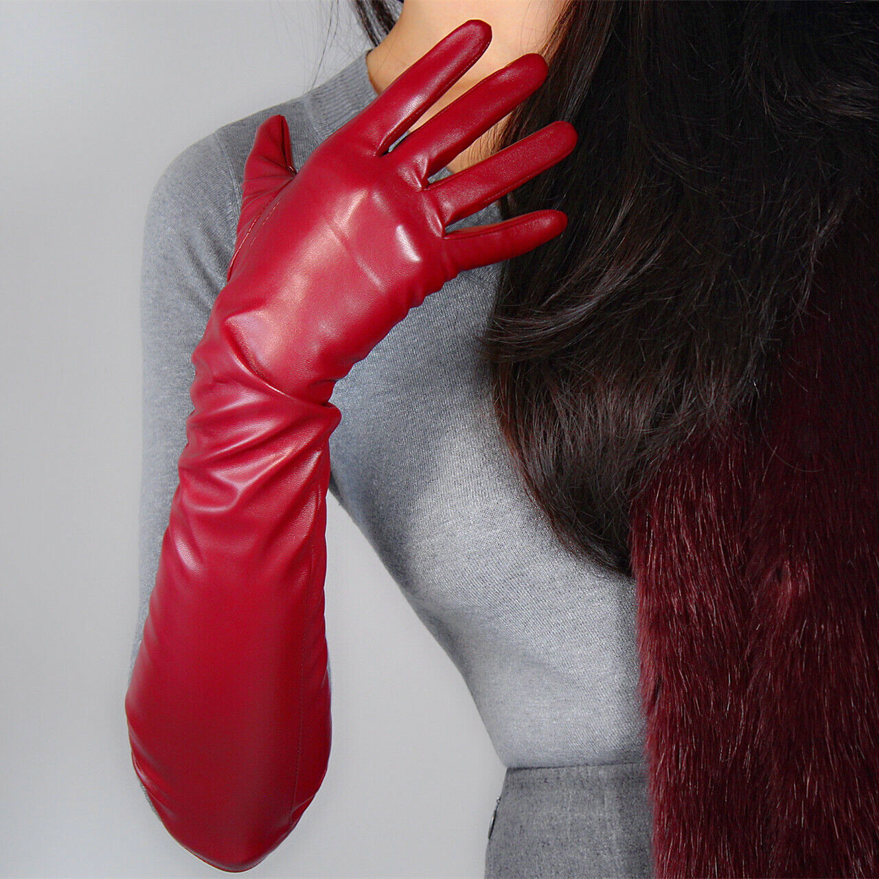 LONG GLOVES Faux Leather Lambskin Sheepskin 20" 50cm Dark Red Burgendy Oxblood