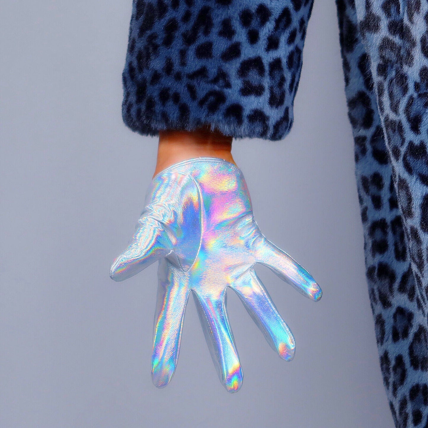 LATEX GLOVES Faux Patent Leather 5" 13cm Extra Short Hologram Silver Mermaid