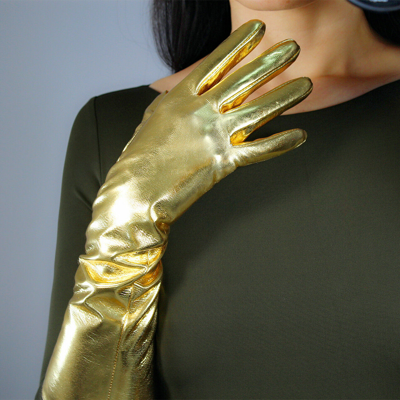 LATEX LONG GLOVES Shine Leather Faux Patent PU 16" 40cm Opera Golden